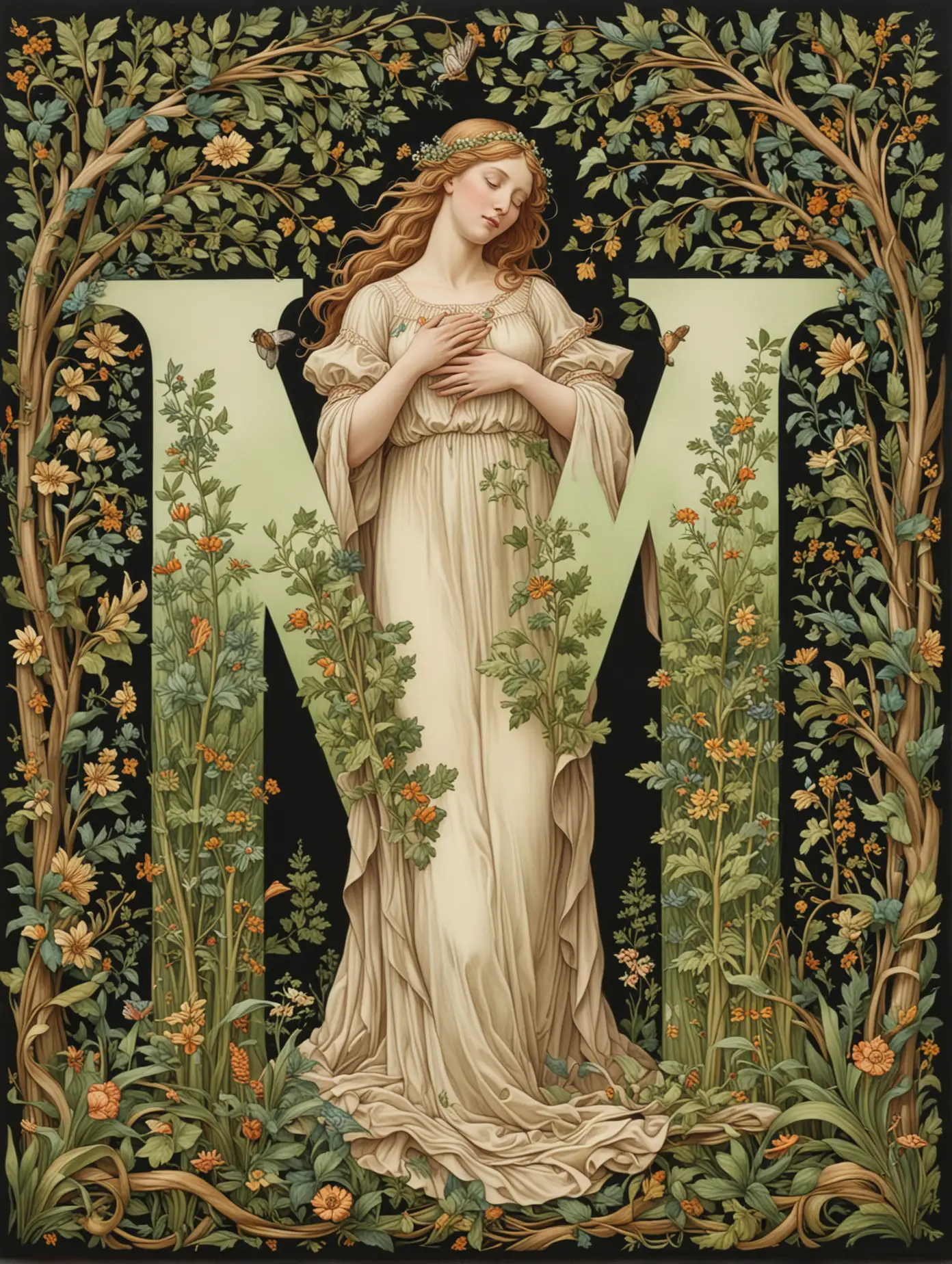 Mother Embracing Springtime Forests in William Morris Style Art
