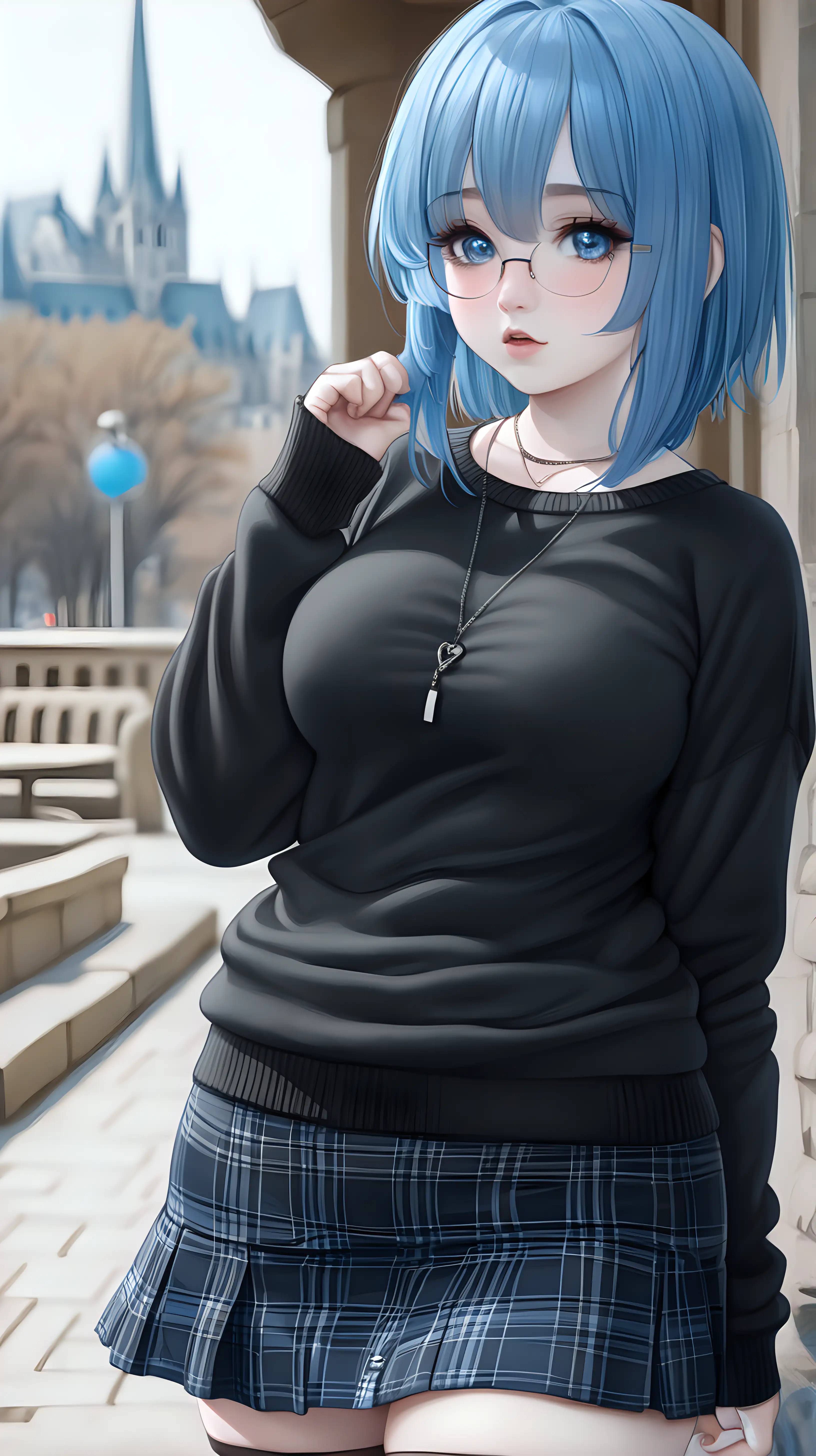 girl, blue hair, pale skin, plad skirt, short skirt, very chubby, black sweater, tight clothes