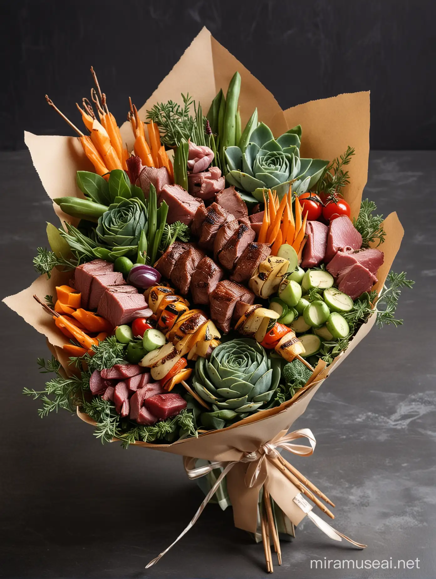 A exquisitely wrapped bouquet of skewered delights tailored for the modern woman, featuring a stunning presentation of succulent grilled meats and vibrant vegetables arranged with artistic precision, exuding an air of elegance and refined taste.
