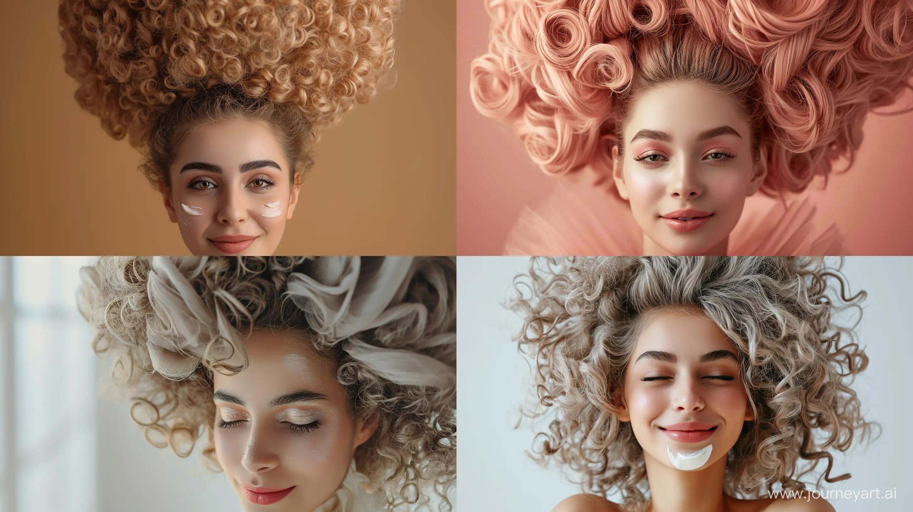 close up, happy beautyful muslim iranian girl use craem, delicate makeup, light curly silky hair gathered in a large bundle, symmetrical balance, hyper-realistic --ar 16:9 --style raw