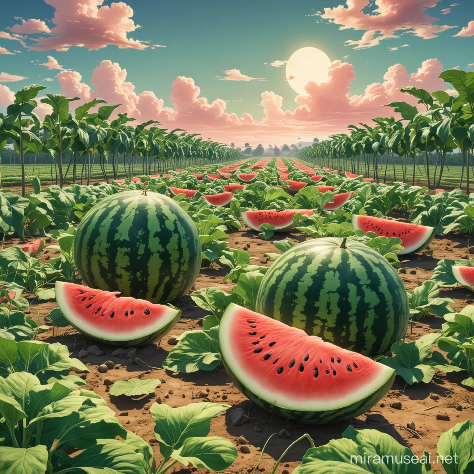 Anime Style Watermelon Farming Scene Vibrant Characters Harvesting Juicy Melons
