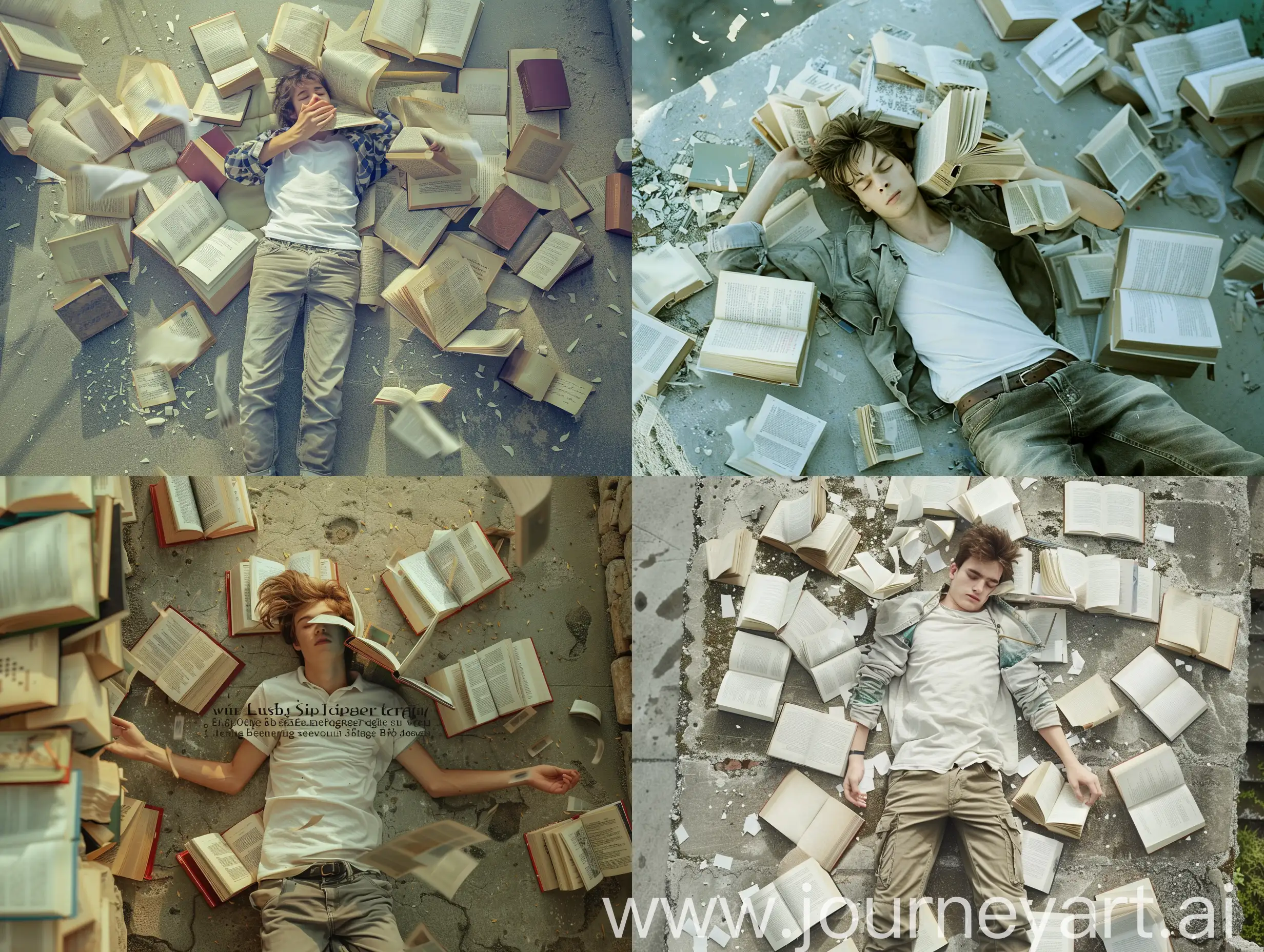 a young man is laying down, on a place made of concrete, wearing casual clothing, full of opened books around him, some pages are flying and one of the books is covering his face like he is sleeping