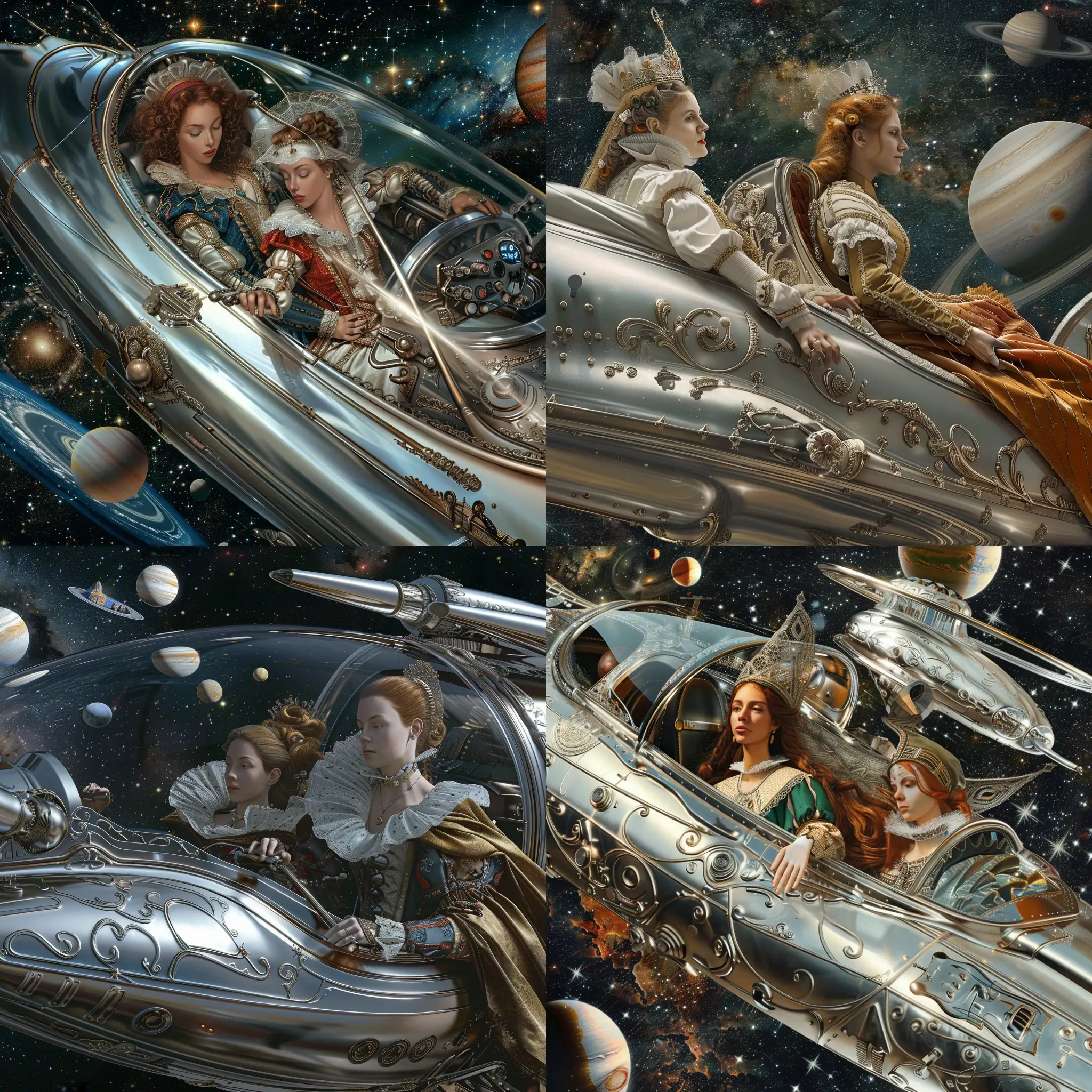 A highly detailed image of a beautiful Elizabethan couple piloting a futuristic silver spaceship .  The background is stars and planets. Beautiful magical mysterious fantasy surreal highly detailed
