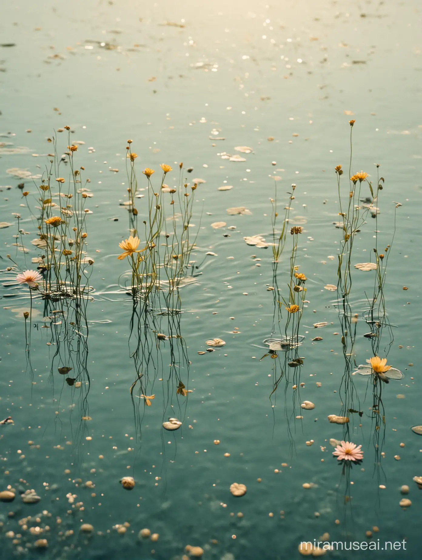 Tranquil Water Scene with Aquatic Flora and Vintage Cinematographic Aesthetic