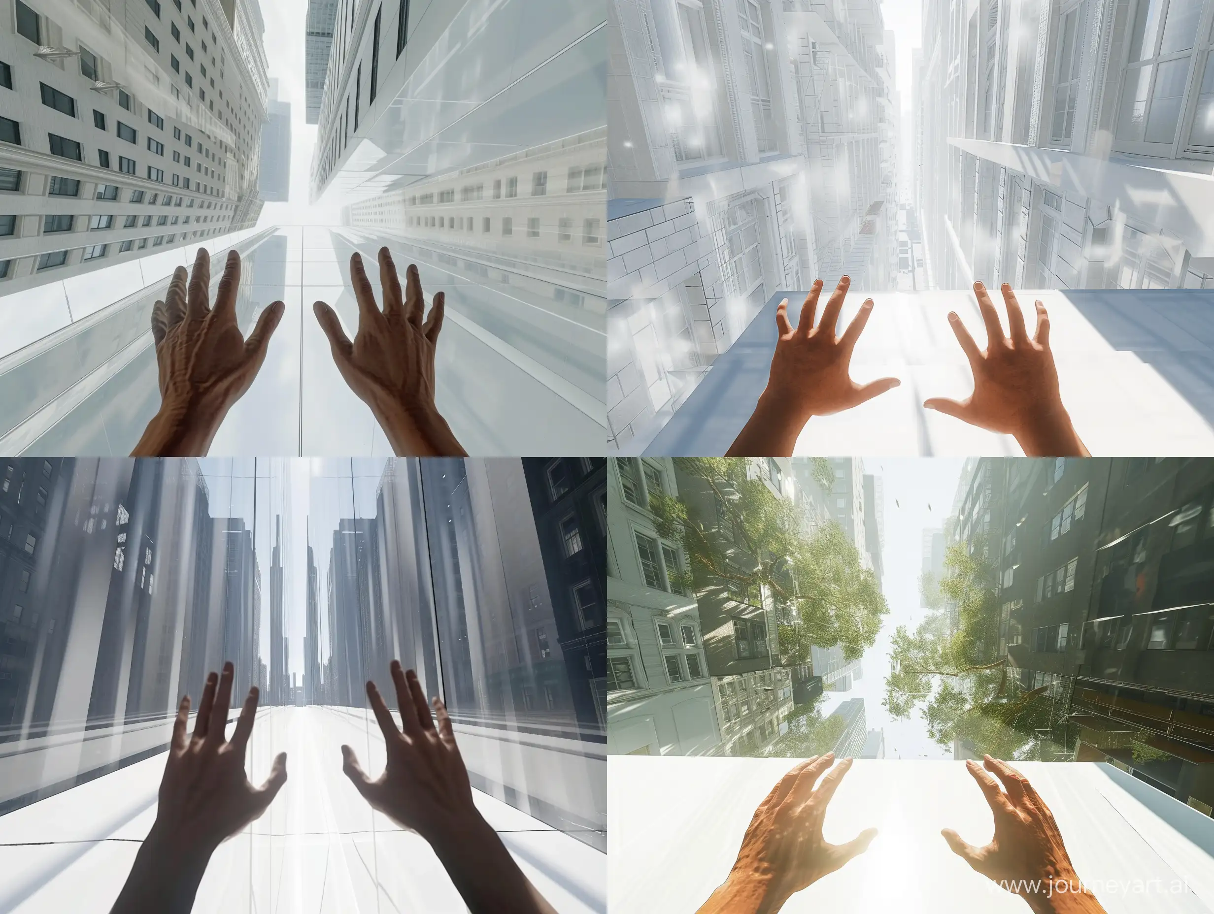 Capture images of the open world surroundings in Manhattan, New York, using natural sunlight. The images should be taken from a first-person viewpoint with hands visible at the bottom, while standing inside a white building looking through the glass.
