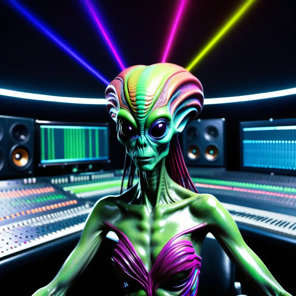 beautiful alien in a big recording studio with colors and lasers