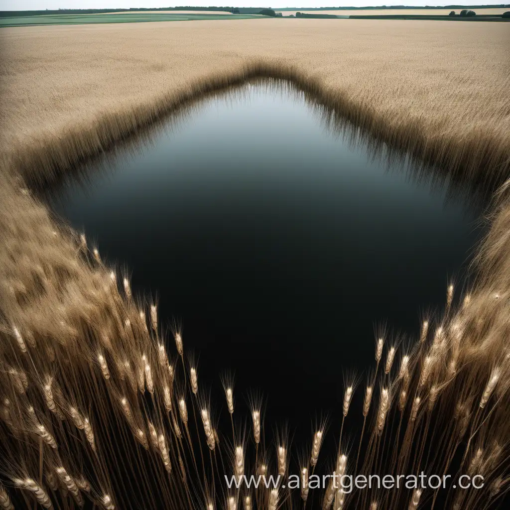 Глубокое черное озеро, где на дне видна дверь, вокруг поля пшеницы