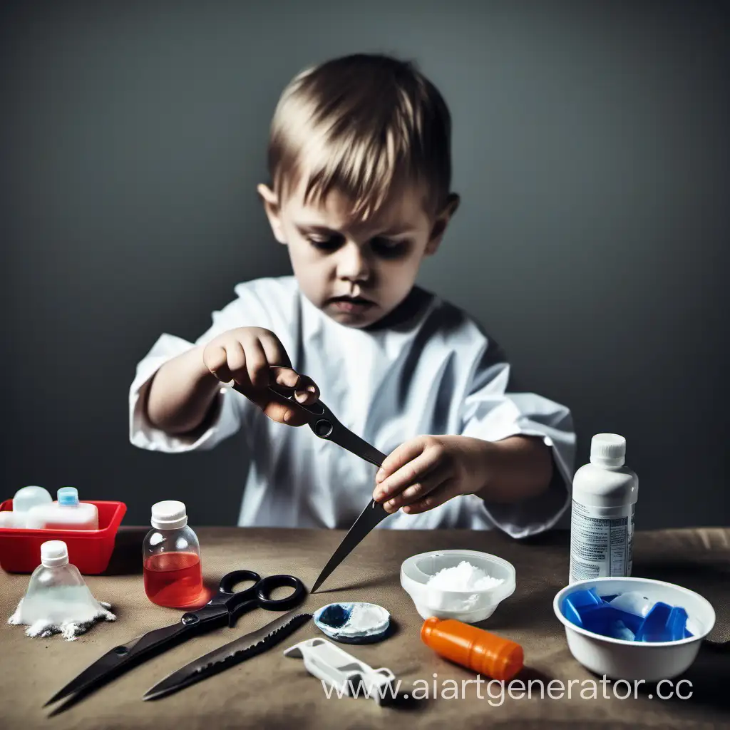 маленький ребенок играет с опасными предметами (острыми ножницами, химикатами и т.д.)