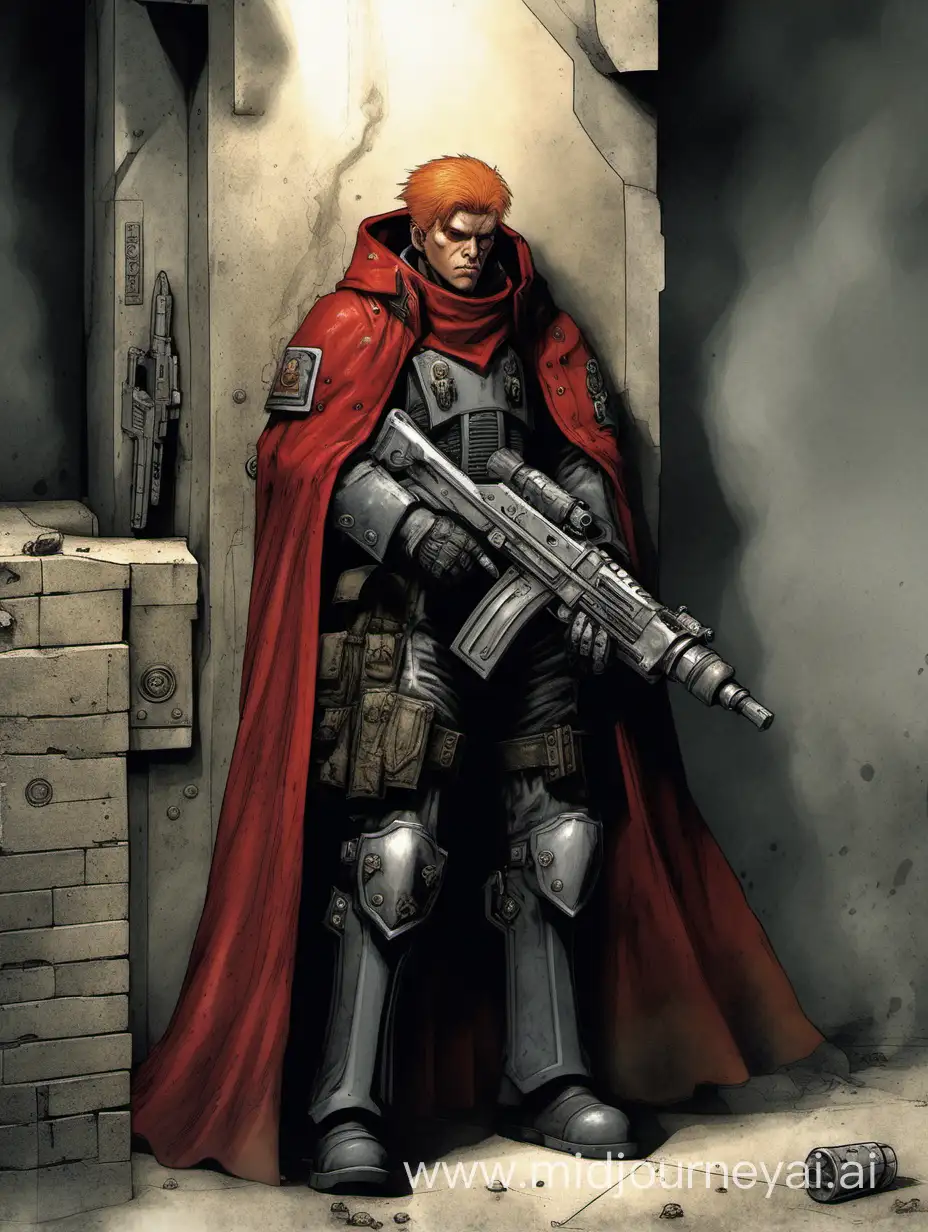 In the warhammer 40k universe.  A young grimy member of the imperial guard with a gray cloak that blends into his surroundings and several pistols is leaning against a wall.   His hair is strawberry blonde and red in an unkempt style.  His armor is dark.