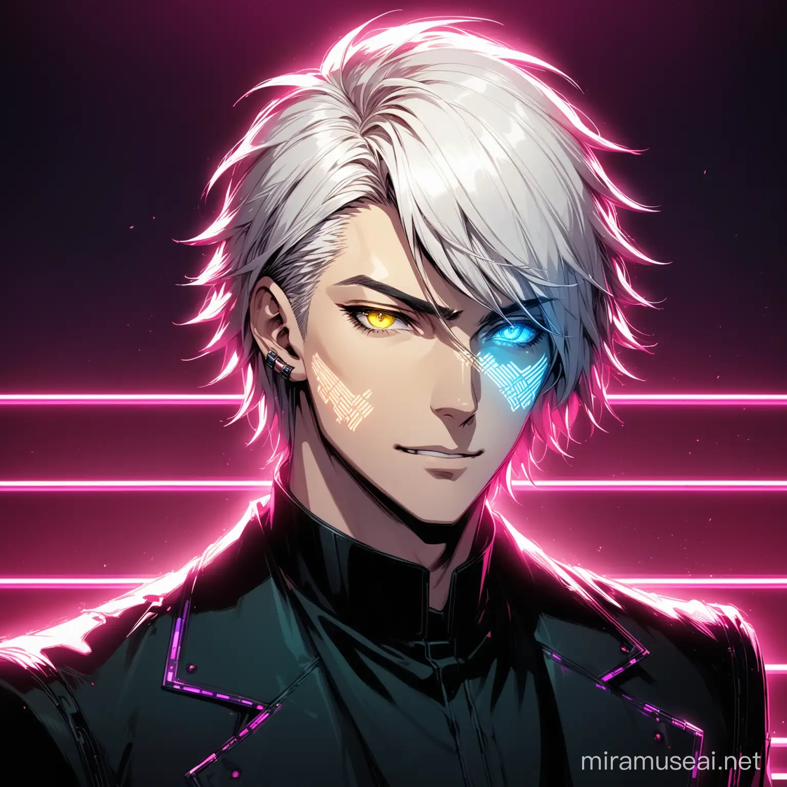 Futuristic Cyberpunk Mugshot Smirking Young Man with Heterochromia in Black Suit