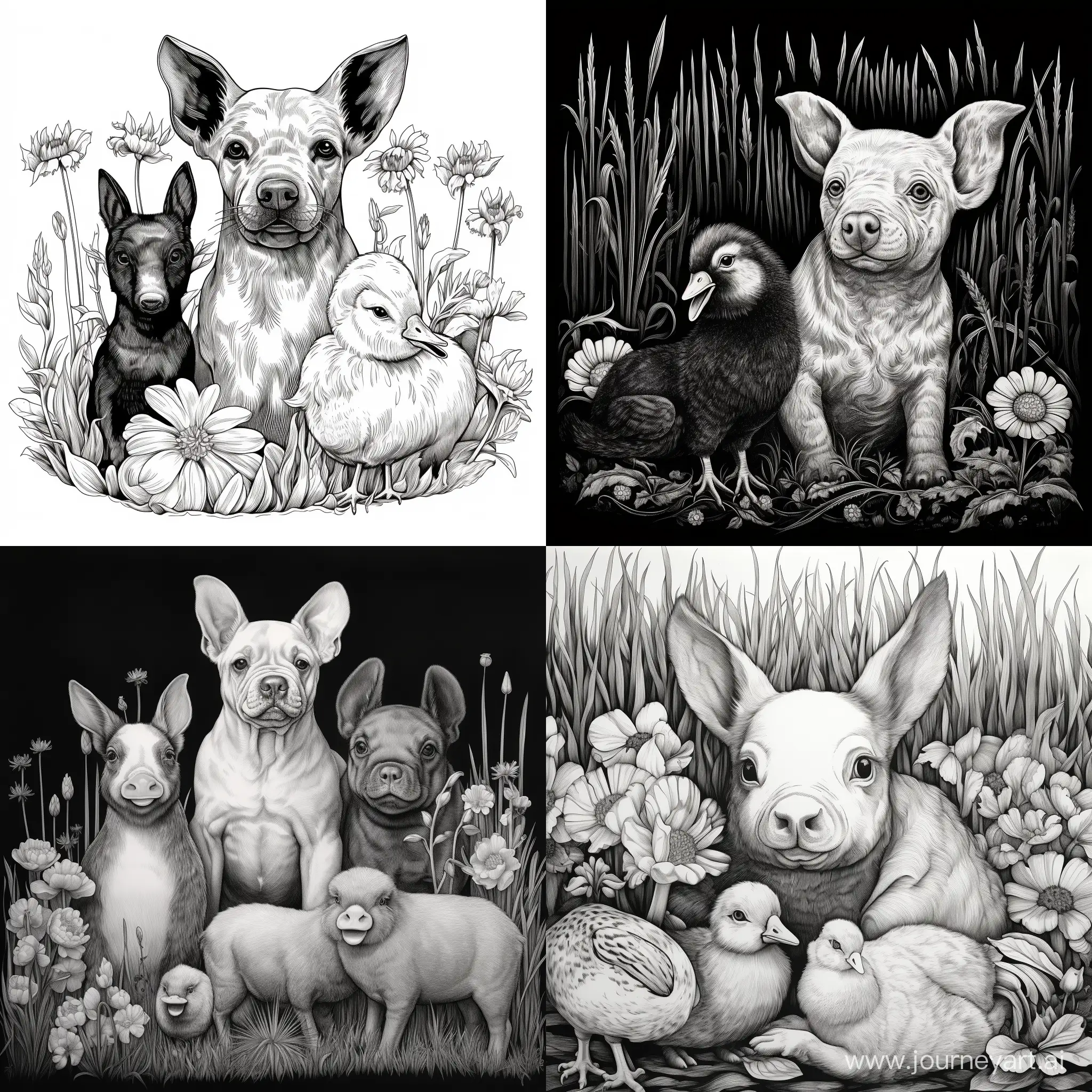 猪和狗，爱护着小兔子。风格是黑白线条