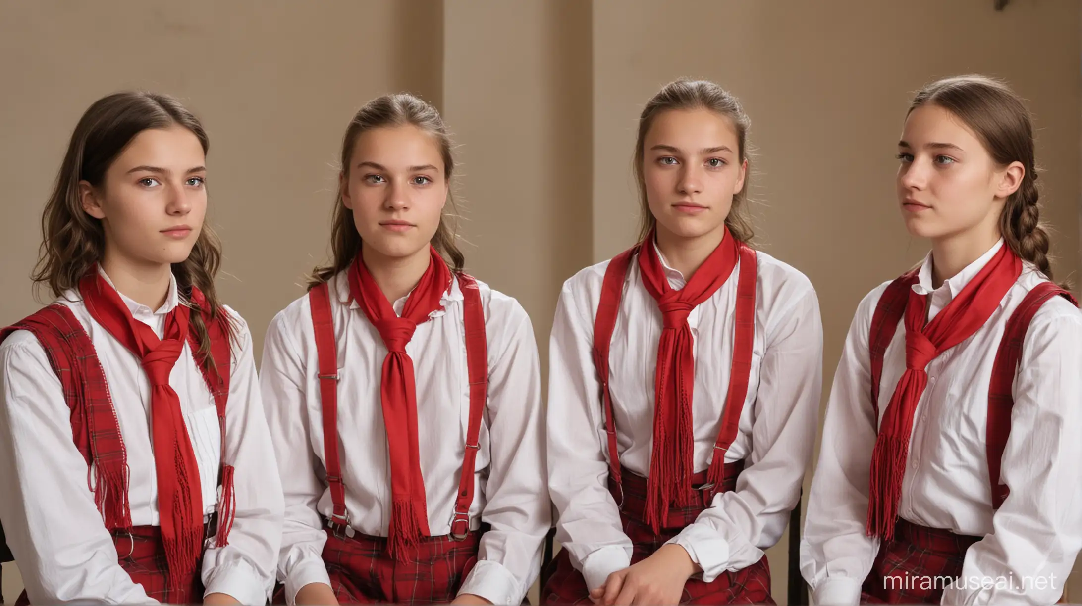 Three 14 old year teenagers gathered together and seem engaged and focused on the task, male and female, european faces, all dressed similarly, wearing red neckerchiefs and white shirts, sitting chairs, the scene conveys a sense of unity and teamwork among the participants, the scene is set indoors.