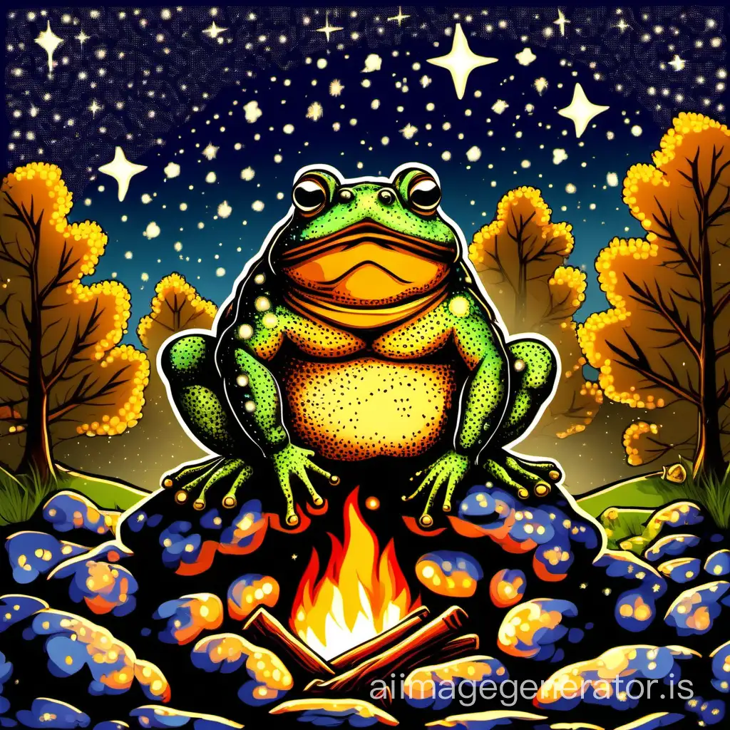 a big fat toad sitting by the fire looking up at the starry night sky.