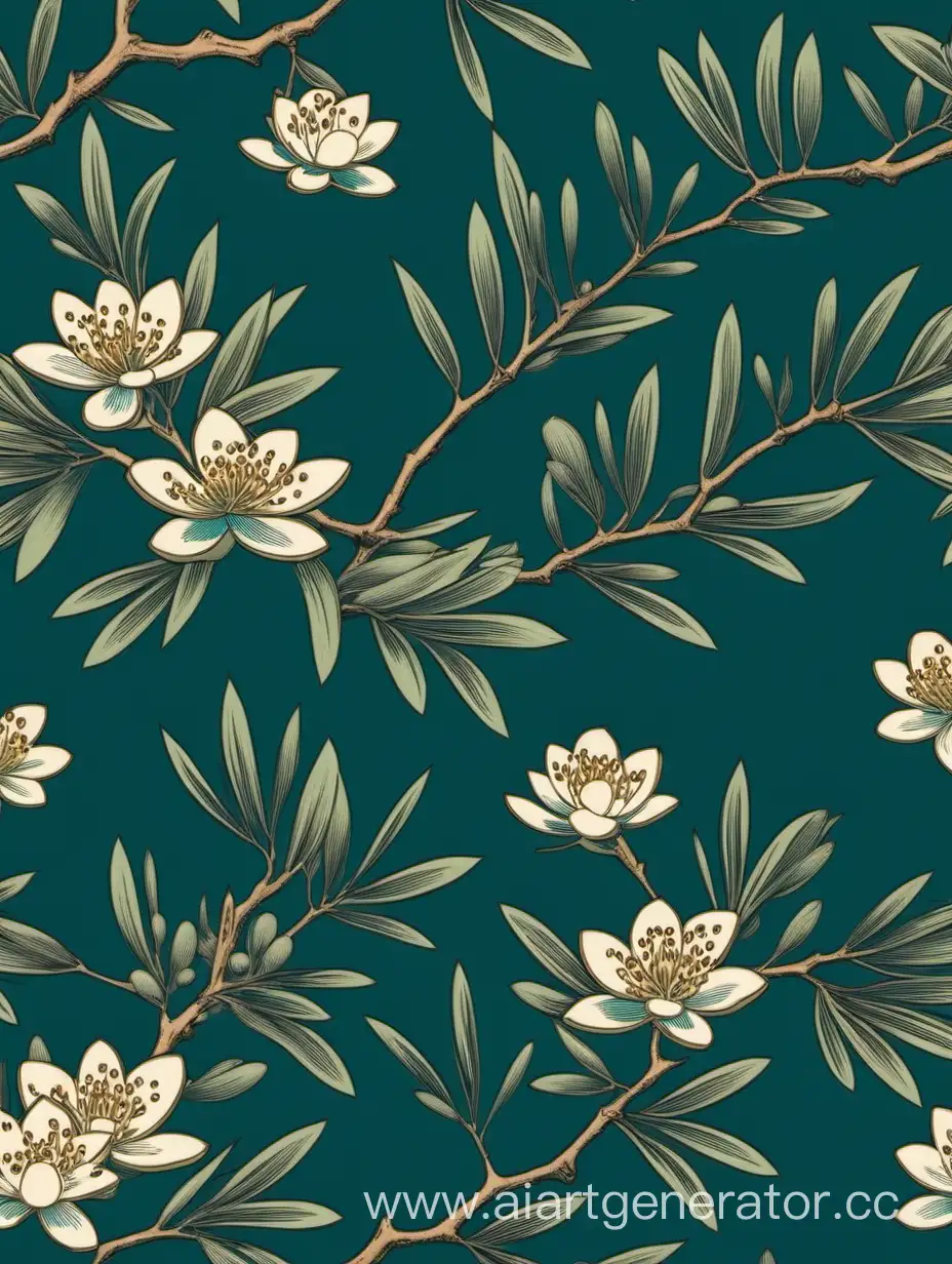 Olive-Botanical-Seamless-Pattern-on-Dark-Turquoise-Ukiyoe-Style-Background