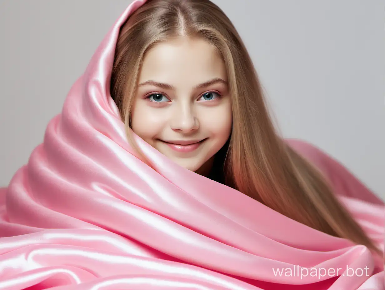 angelically smiling Yulia Lipnitskaya with long straight silky hair under luxury, bright pink silk sweet blanket