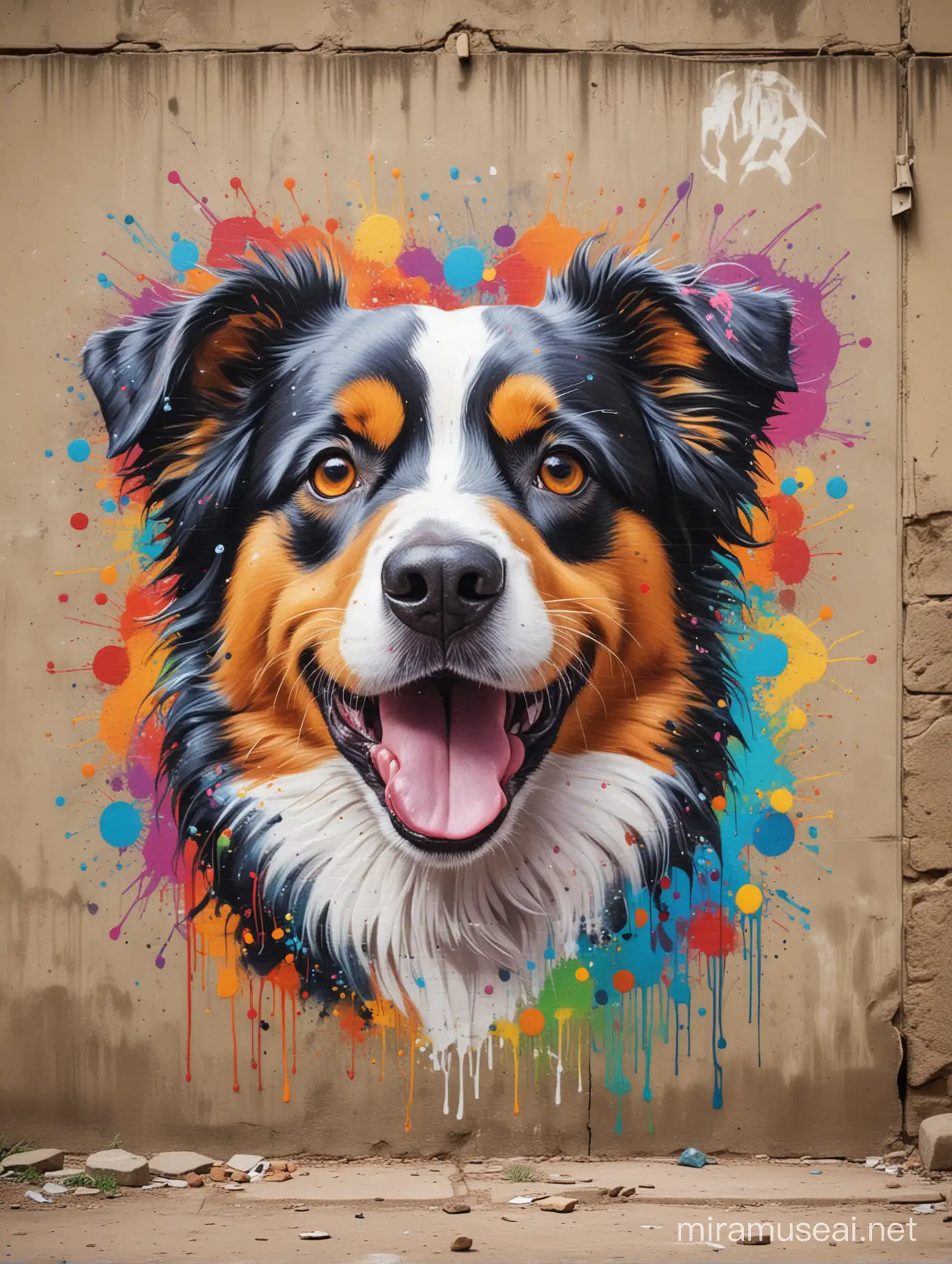 art movement focused on emotional impact through free-flowing shapes and colors, often without depicting real objects,
Create a graffiti of a tiny happy face Australian Shepherd Dog on the foreground, colorful graffiti art, on a wall, rustic background, graffiti art style