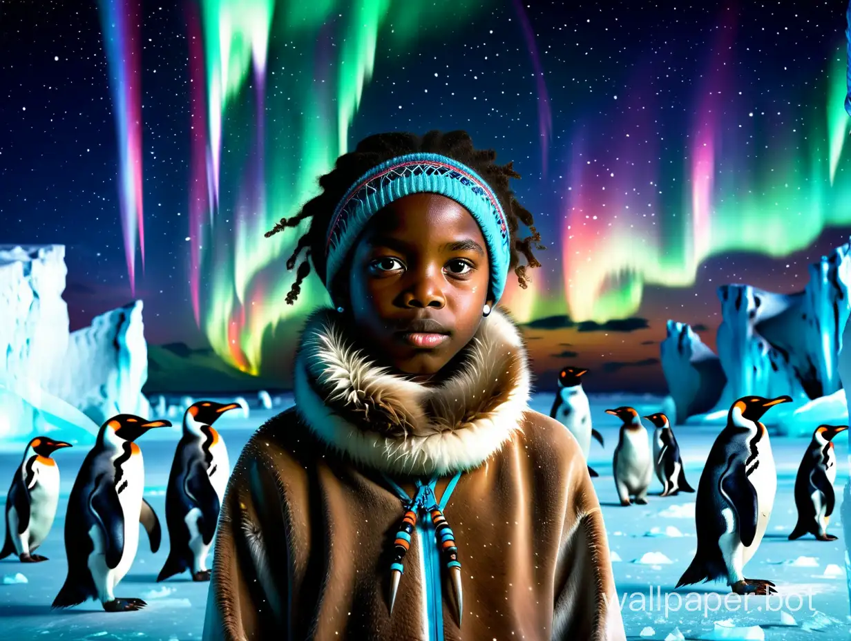 African girl from the tribe, 13 years old, on the ice with penguins under the night sky with polar lights