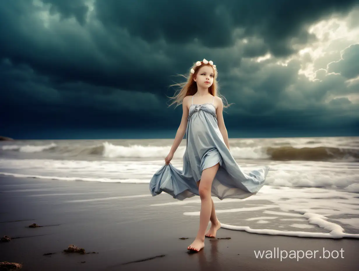 Venus, a beautiful goddess girl of 12 years, walks along the seashore under the cloudy sky at full height.