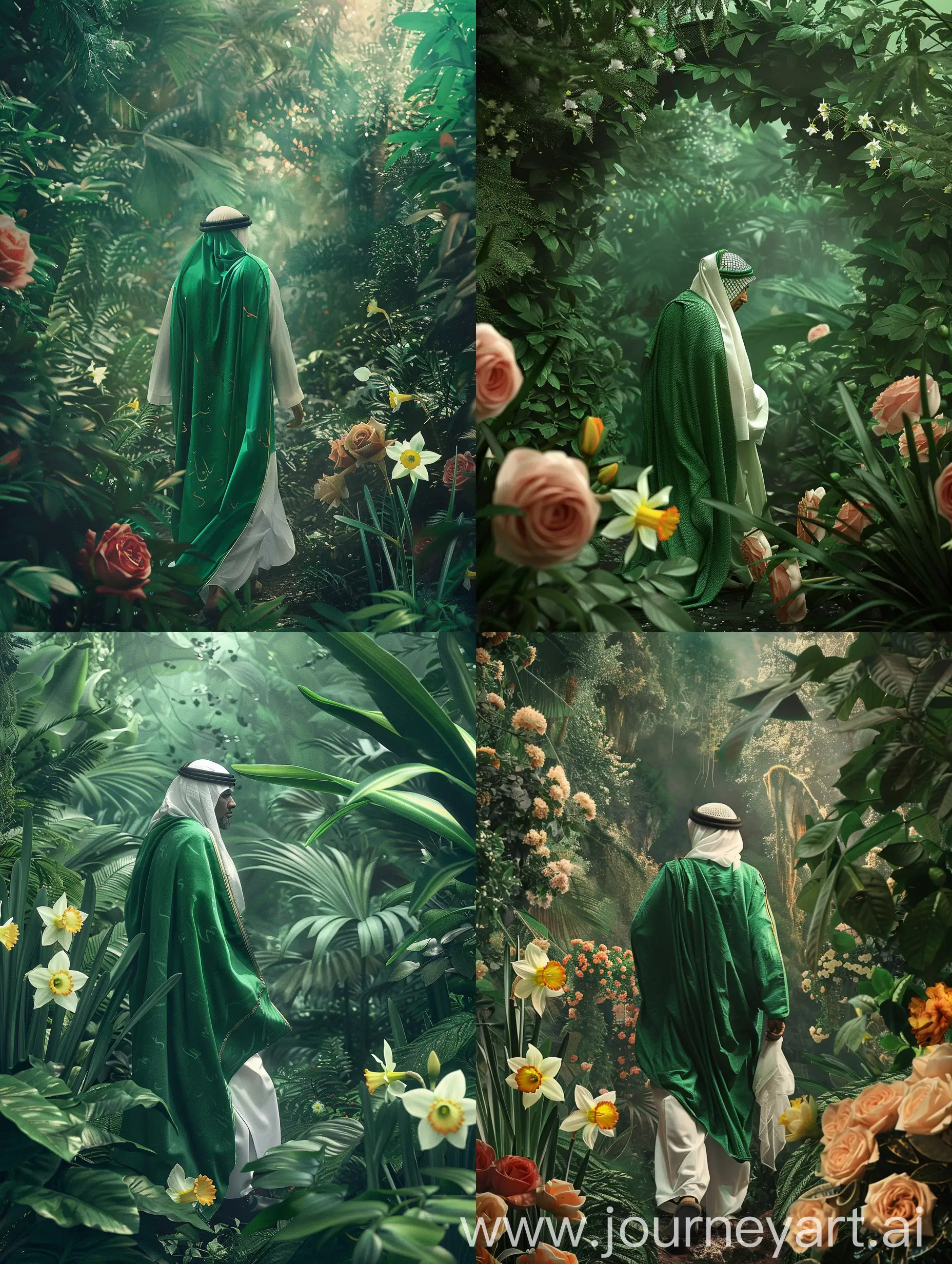 A holly islamic man with green and white arabic clothes  walking into a cosmic beautiful jungle and beautifull rose and narcissus flowers ، asthetic style 