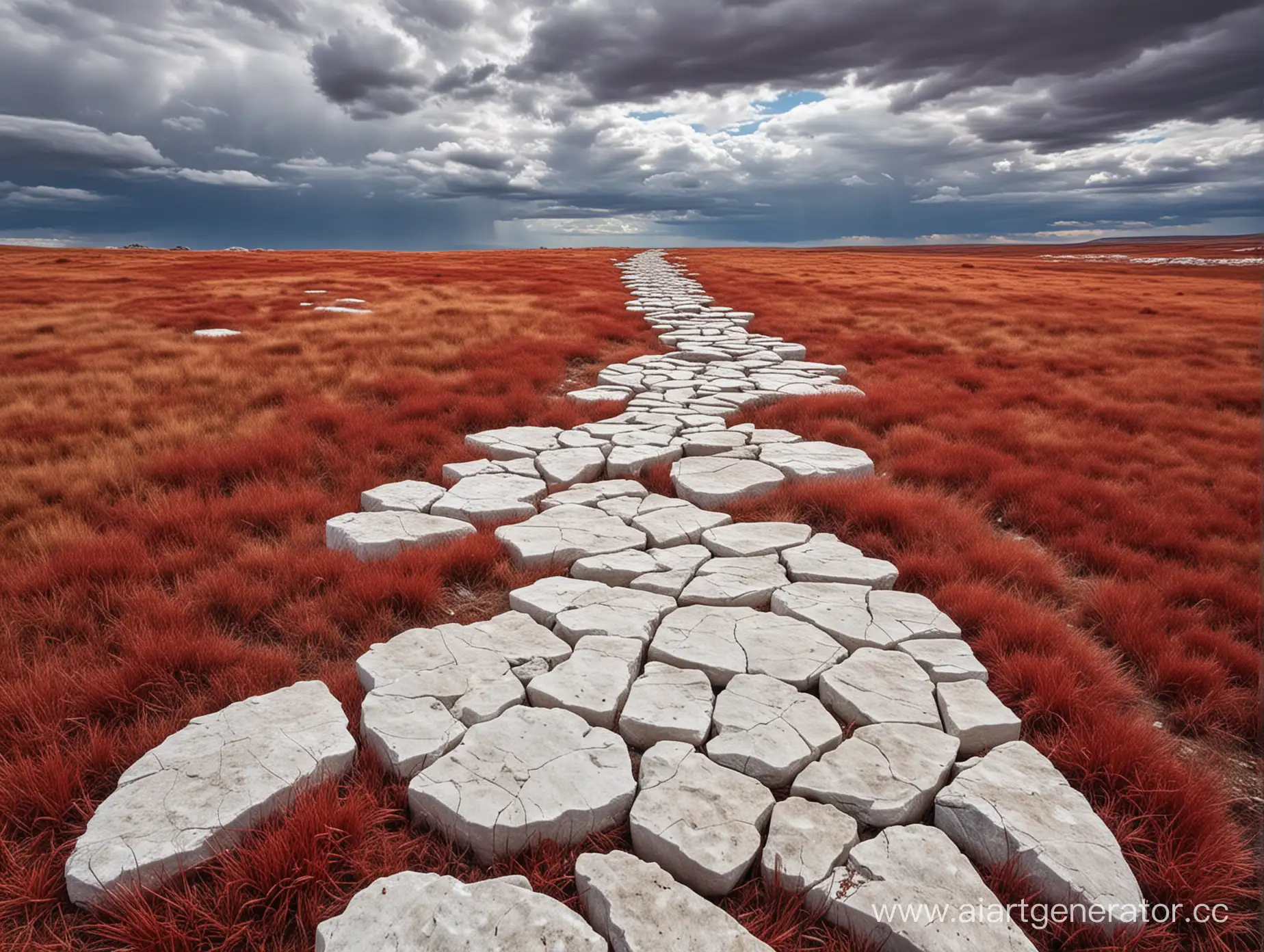 Plateau, white stones, red grass, cloudy sky