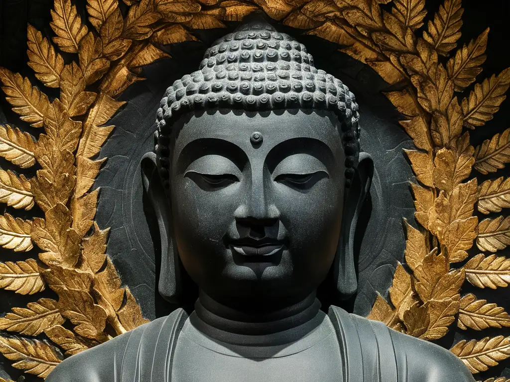 Golden-Leaves-Adorning-Black-Stone-Buddha-Bust-Sculpture