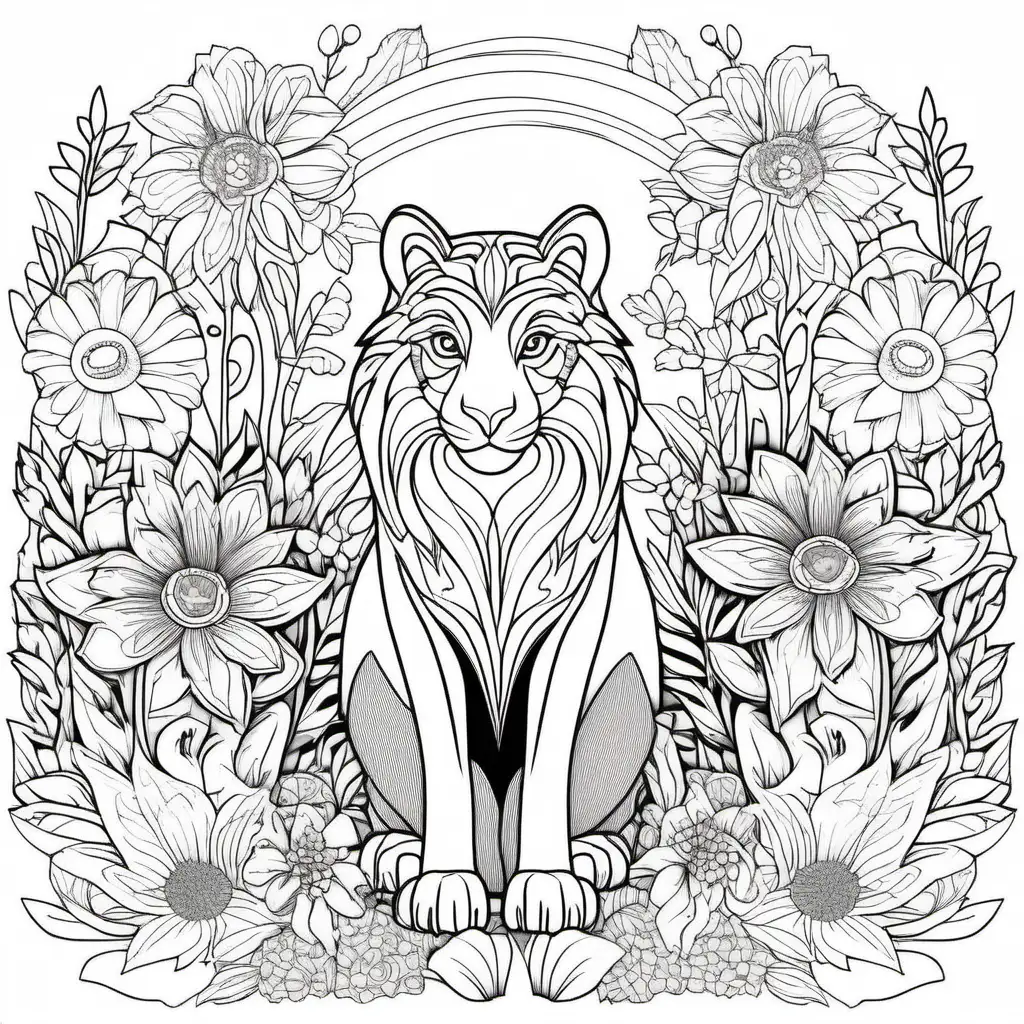 Wild Animal Coloring Page Surrounded by Vibrant Flowers