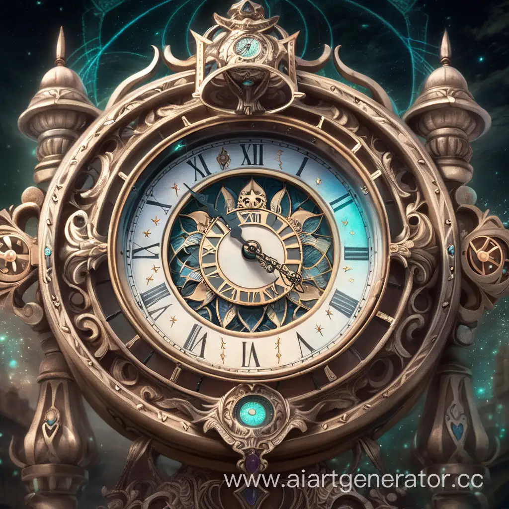 ancient clock with hands showing magical time, anime , art, magic

