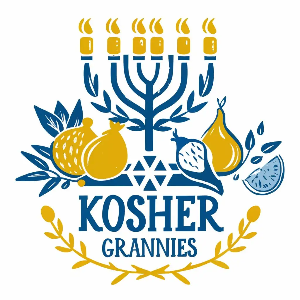 logo, Israel, yellow, blue, white, Menorah 7 branches, Paul Klee, pomegranate, fig, lemon, olive, star of David, on tablecloth, with the text "Kosher Grannies", typography, be used in the automotive industry