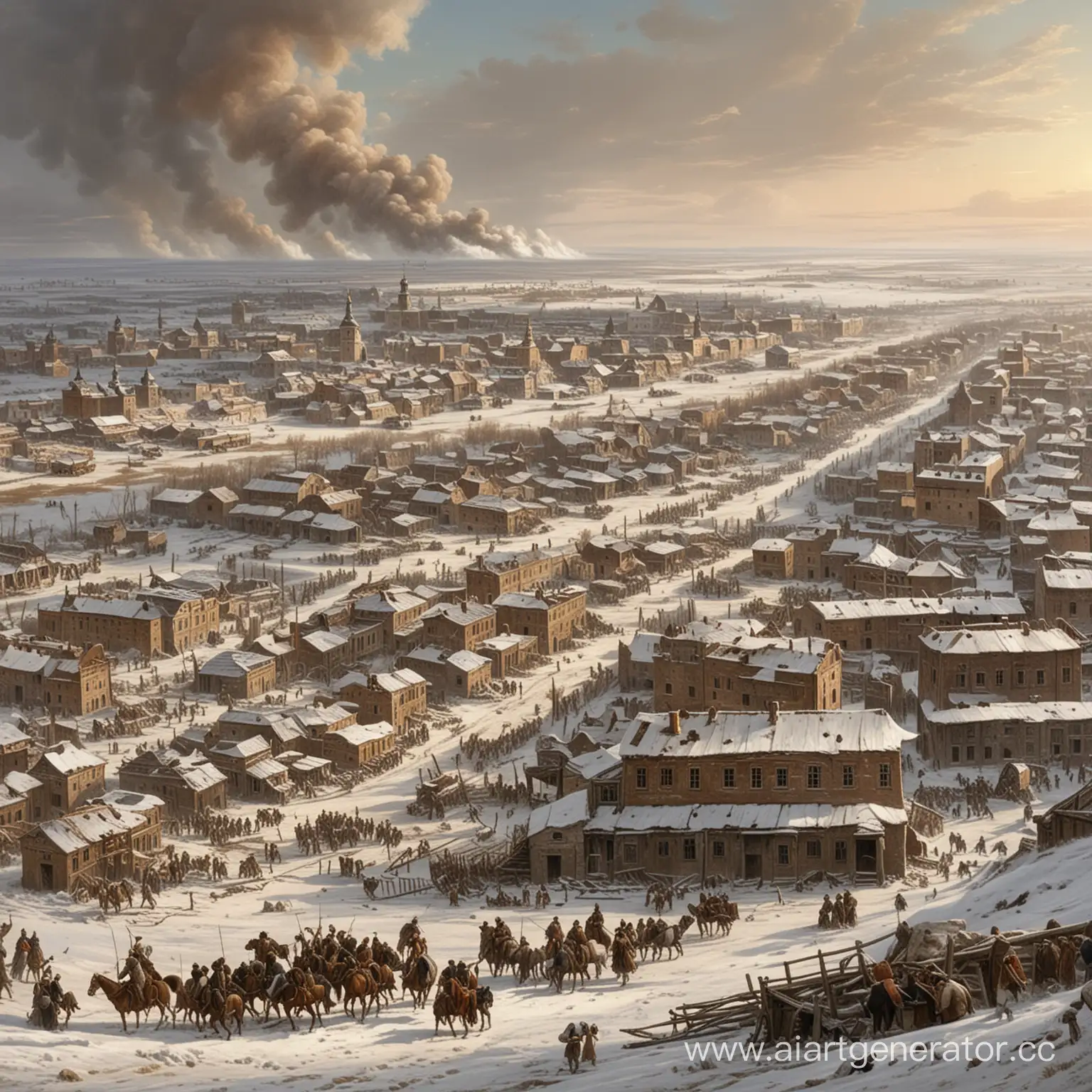 Разрушенный Город Оренбург после боя в 18 веке в Сибири
