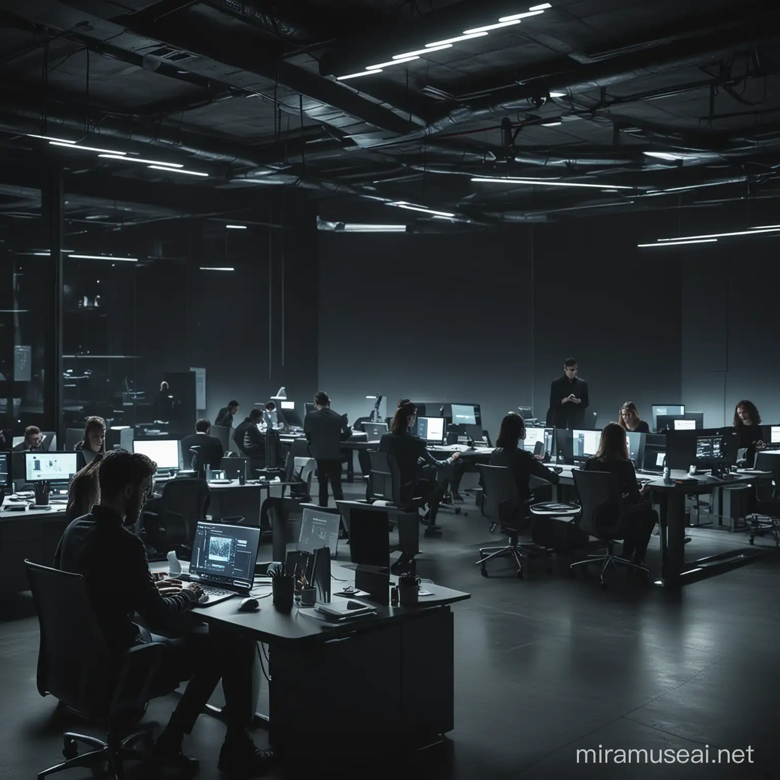 pople working in futurist office on laptops in dark colours