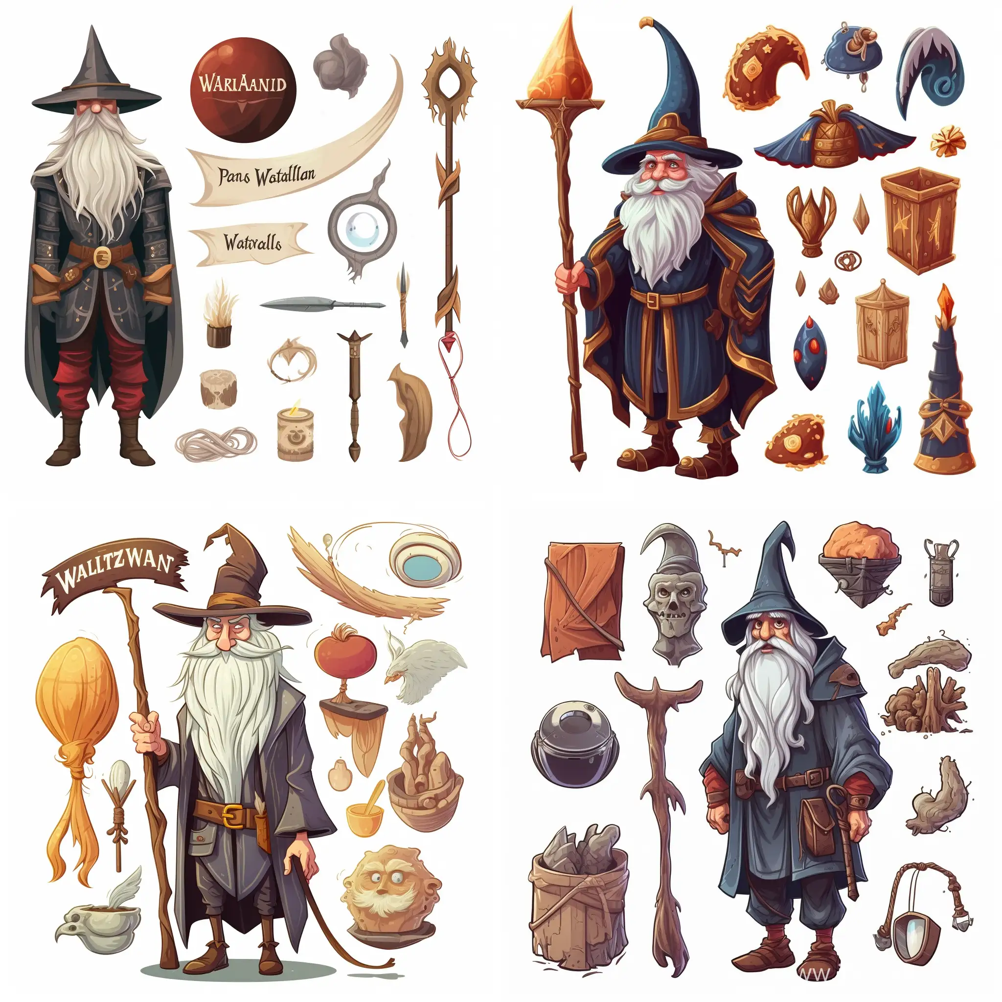 Attributes of a wizard, isolated on white background, cartoon style