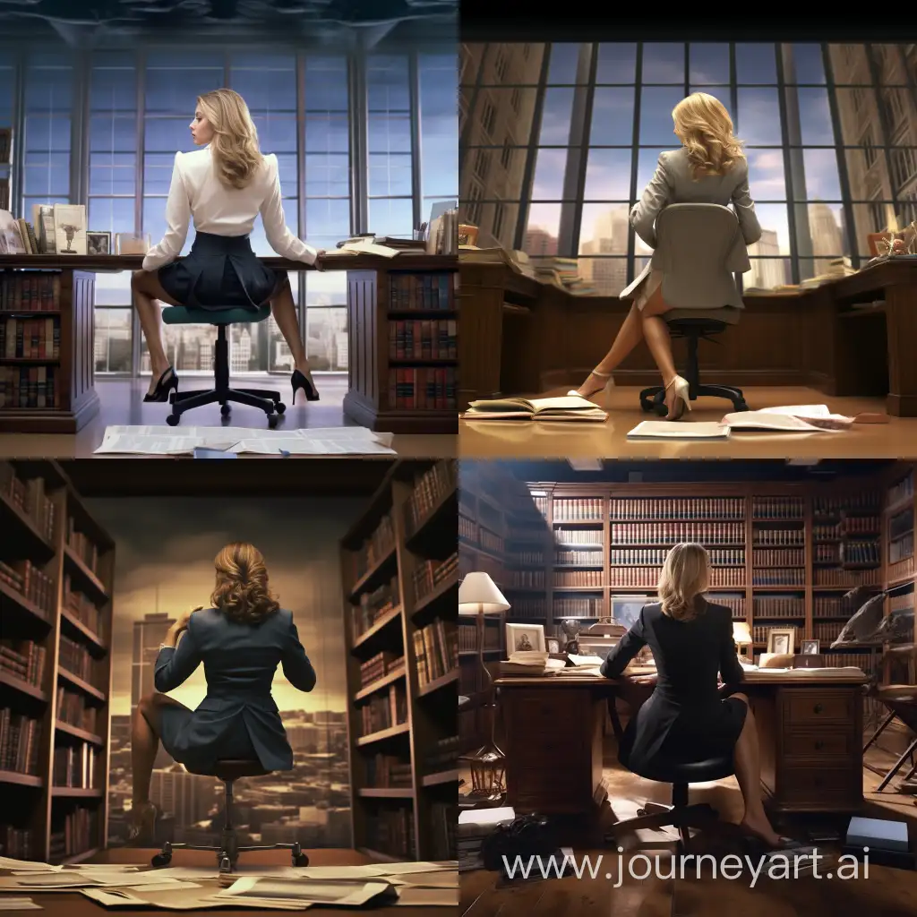 Sophisticated-Businesswoman-Studying-Barefoot-in-Vintage-Library-Setting