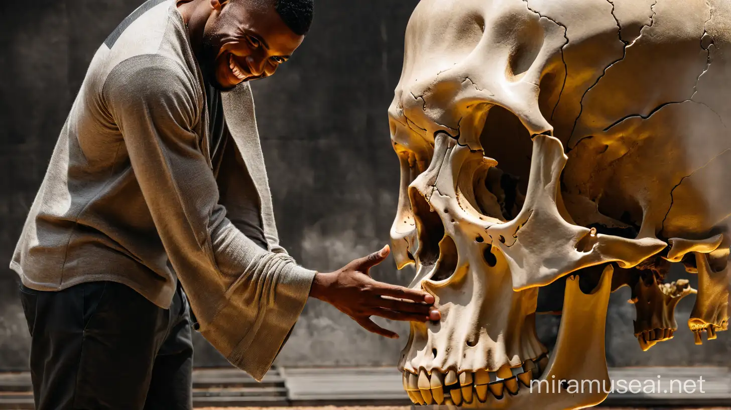 Happy smiling 26 year old handsome black man, clean shaven, with buzzcut hair cut, full body, looking at a GIANT human skull