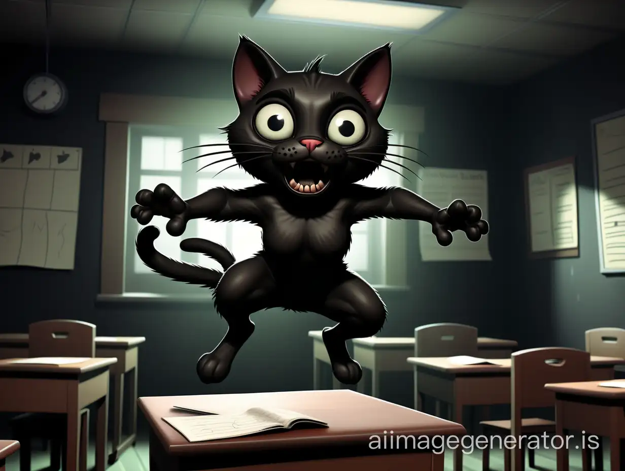 a black horror cartoon cat jumping in the dark classroom.