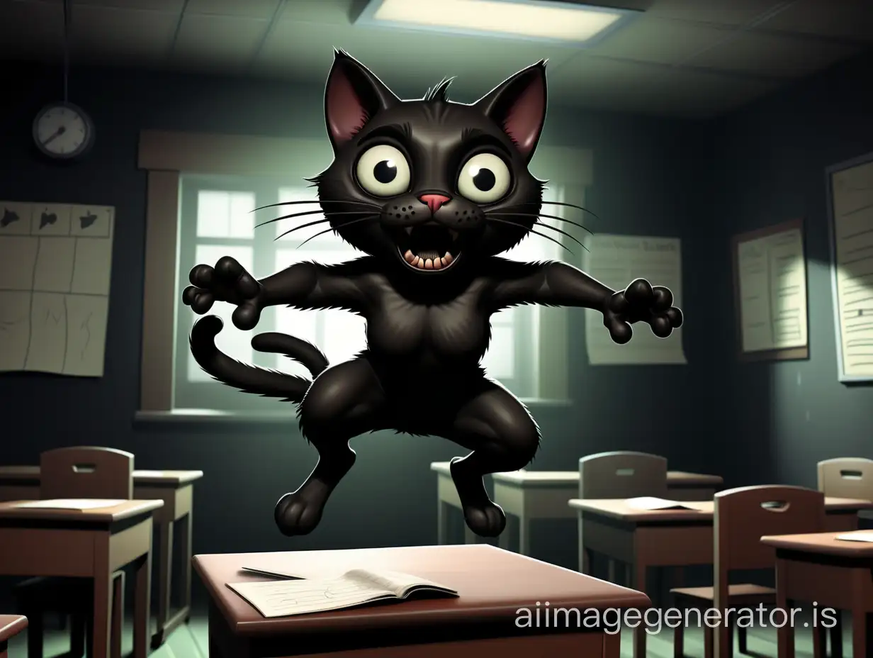 Sinister-Black-Cartoon-Cat-Leaping-in-a-Dark-Classroom