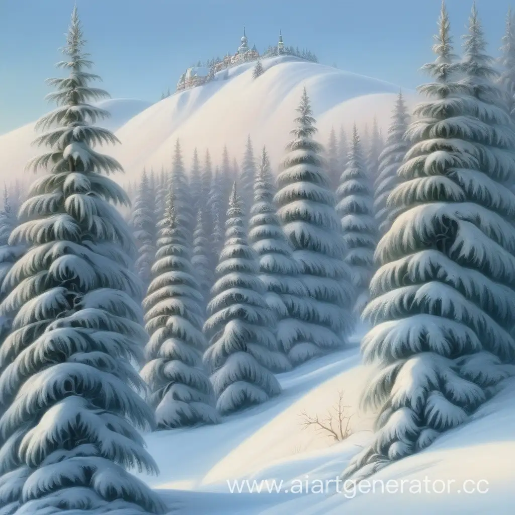 на холме ели усыпаны снегом за елками  сугробы  солнце