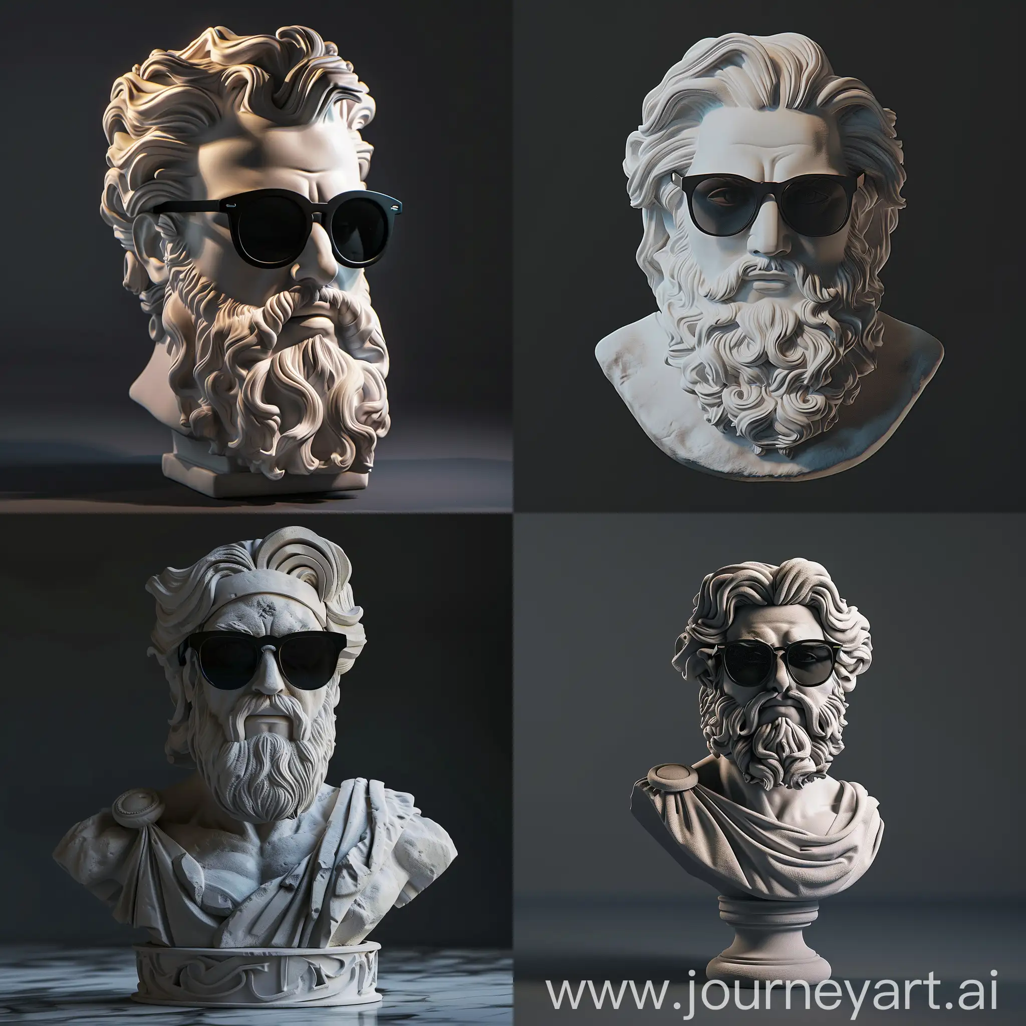 Modern-Zeus-Plaster-Sculpture-with-Sunglasses-on-Dark-Background