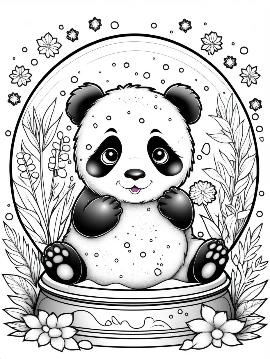 panda bear coloring book, snow globe framed, floral background, black and white, no shading, no background, thick black outline
