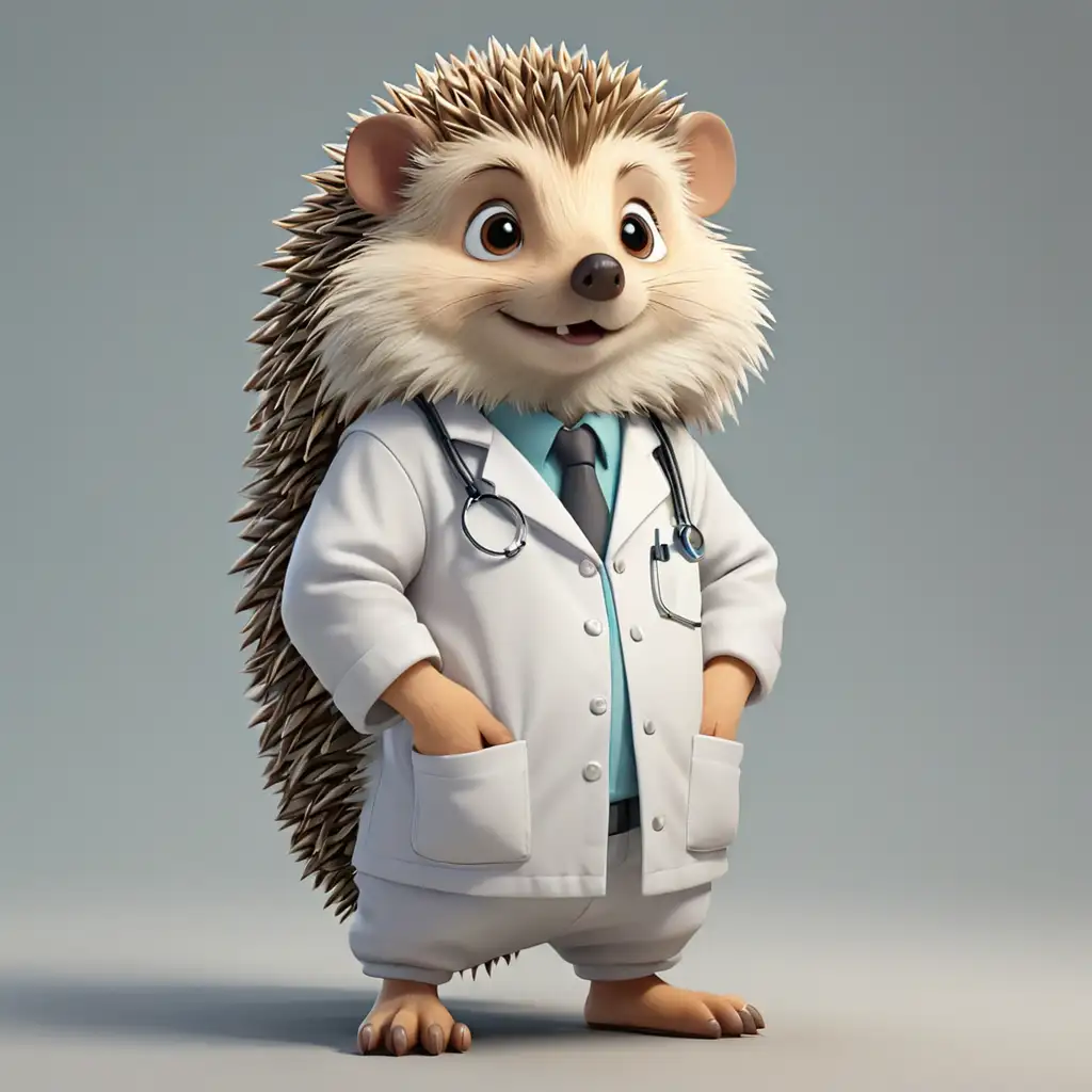 a cute Hedgehog in cartoon style in full body in doctor clothes with clear background