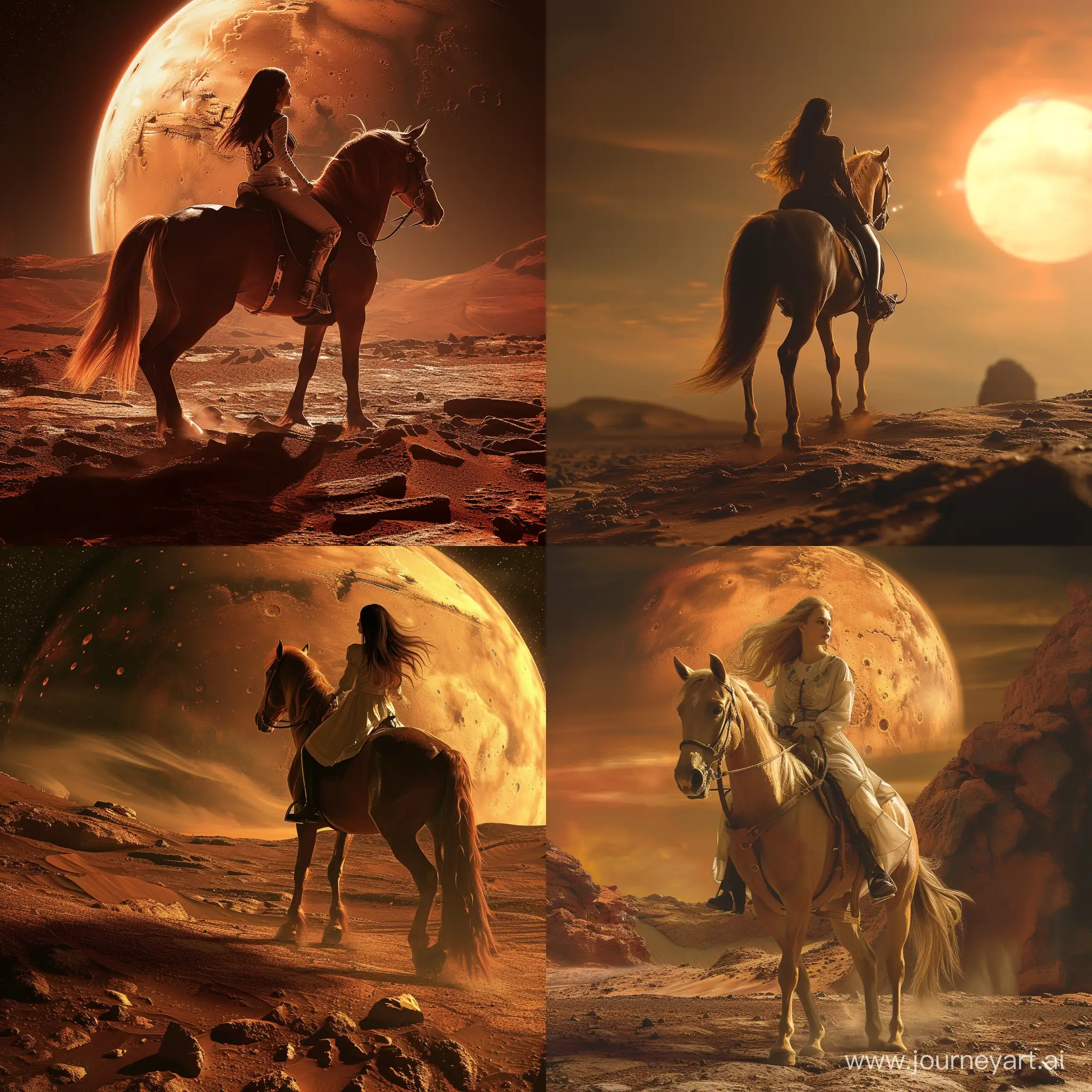 красивая  девушка верхом на лошади на марсе, HD, драматическое освещение, детализировано