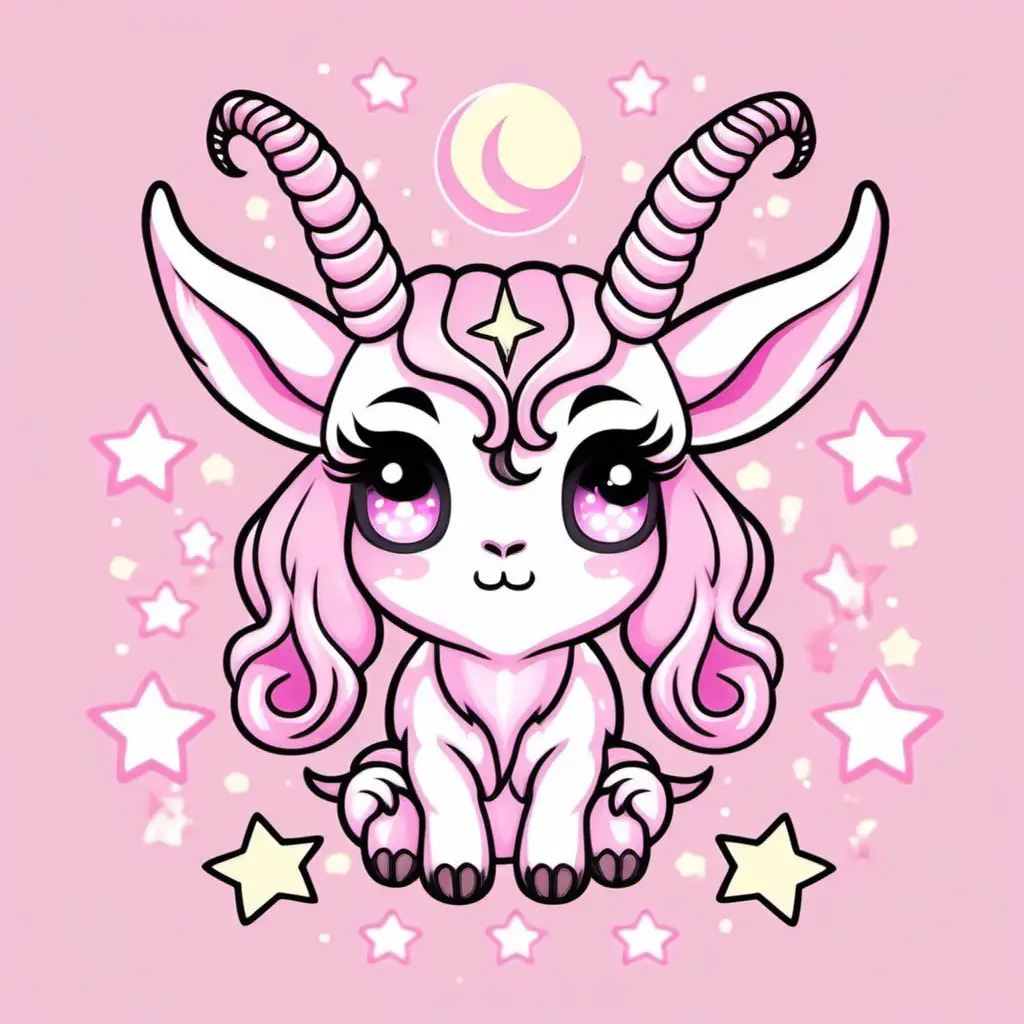 Adorable Pastel Goat Baphomet in Chibi Style with Stars and Moon