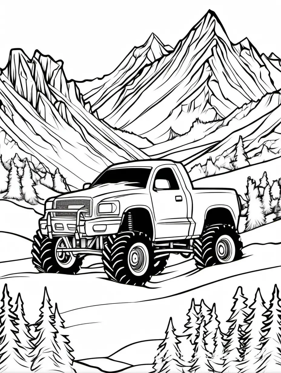 Arctic Avalanche: Capture the chill of the frozen north with a monster truck equipped for icy terrain, featuring snow-capped mountains and polar bears watching from a distance., Coloring Page, black and white, line art, white background, Simplicity, Ample White Space. The background of the coloring page is plain white to make it easy for young children to color within the lines. The outlines of all the subjects are easy to distinguish, making it simple for kids to color without too much difficulty