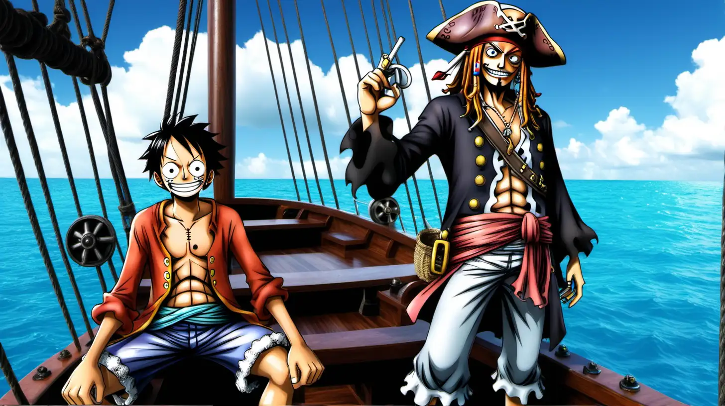 One Piece num barco ao lado do Capitão Jack Sparrow