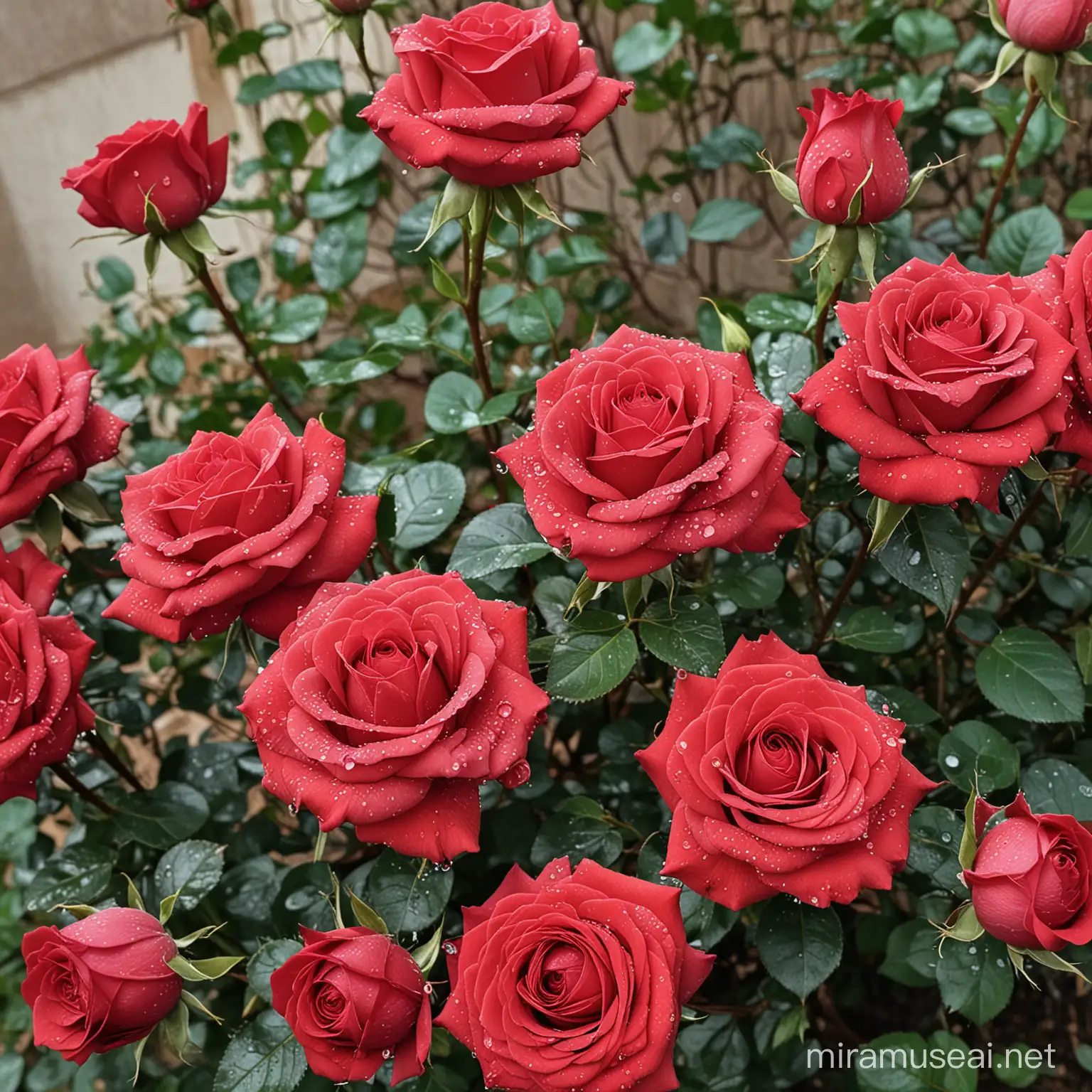 Radiant Red Roses in a Dewy SunKissed Garden