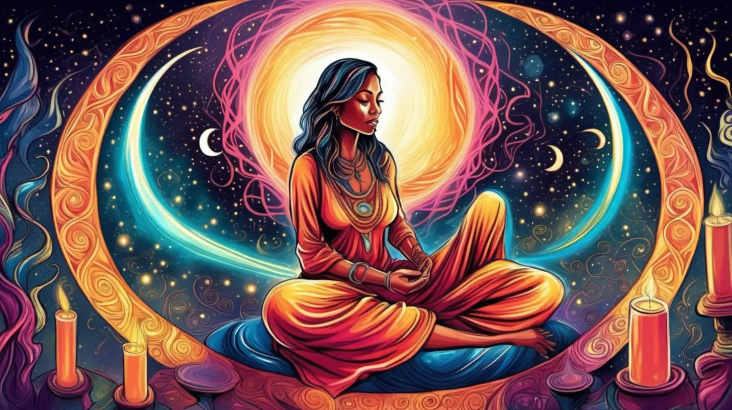 Enchanting New Moon Ritual Serene Woman Embraces Universal Energy