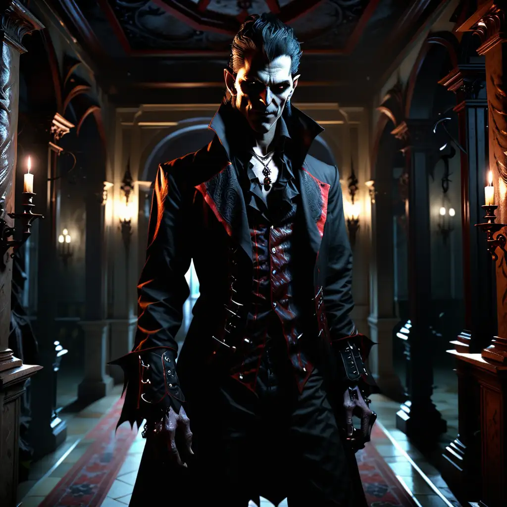 A male Tremere vampire, Sabbat, high status, older, bestial features, expensive clothing, inside a mansion at night, dark ambient lighting, realistic