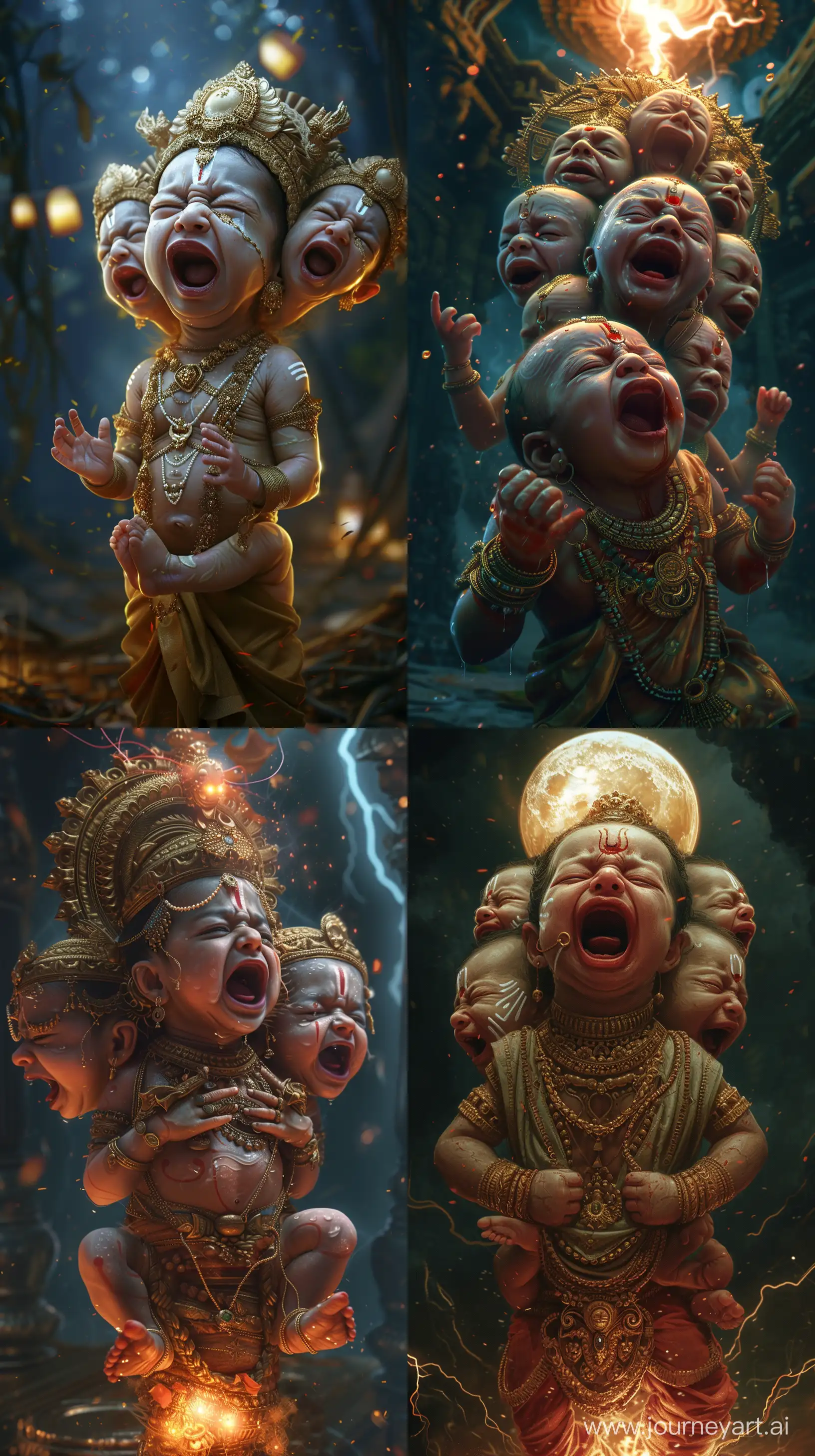 Realistic digital paintings depicting a new born baby from ancient Indian times with multiple heads, crying, lighting in the background, night time, intricate details, UHD, --ar 9:16 --v 6
