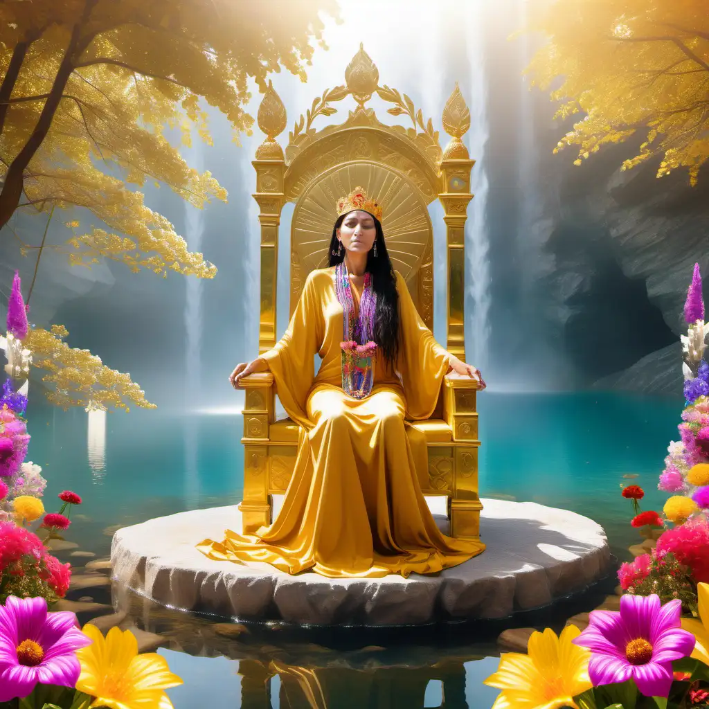 stunning spiritual woman, seating on a golden throne, surrounded by colouful flowers and clear water running nearby, giving blessings to children