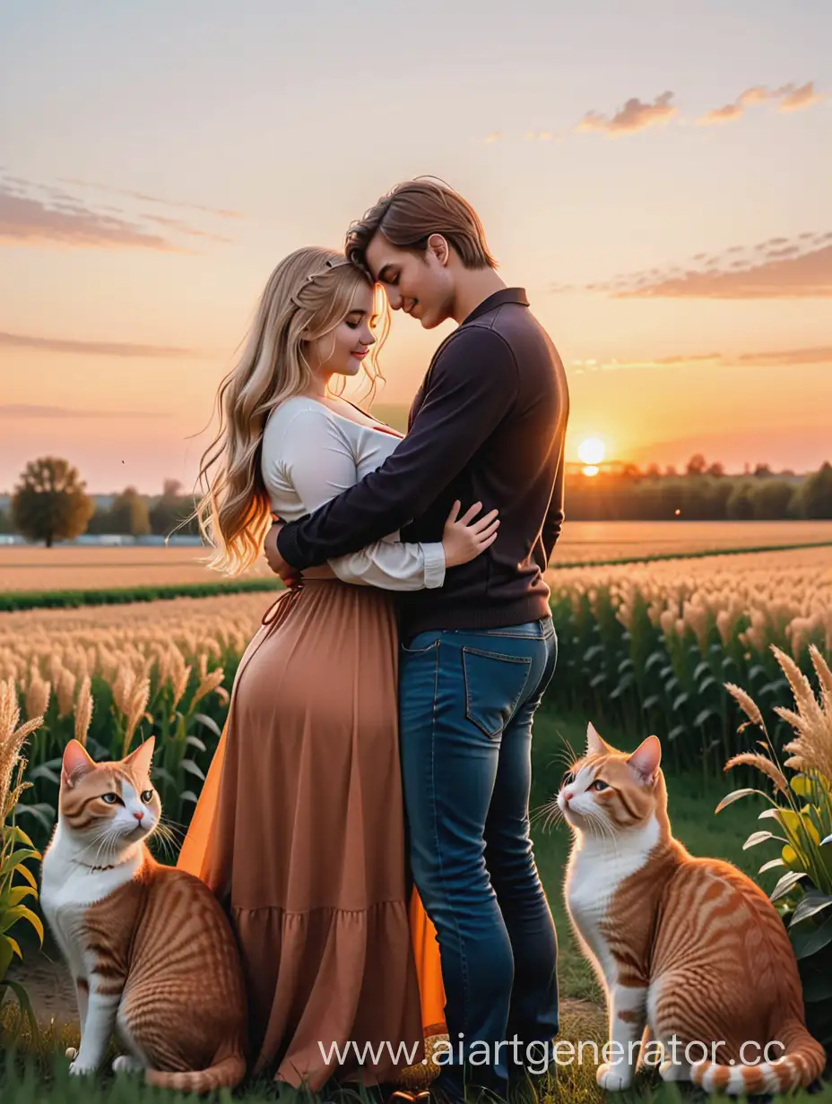 Парень обнимает девушку в поле на закате ,рядом с ними две кошки девушка полная,русые волосы парень худощавый брюнет, девушка чуть ниже парня