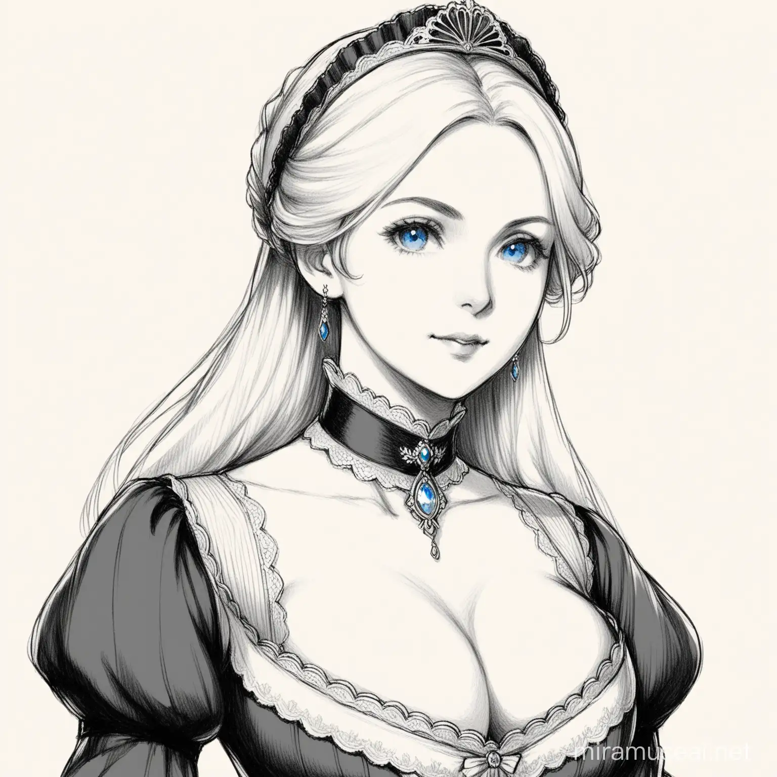 mature woman, white hair, blue eyes, noble, victorian dress, big chest, victorian age, small cleavage, black and white, pencil sketch, simple drawing